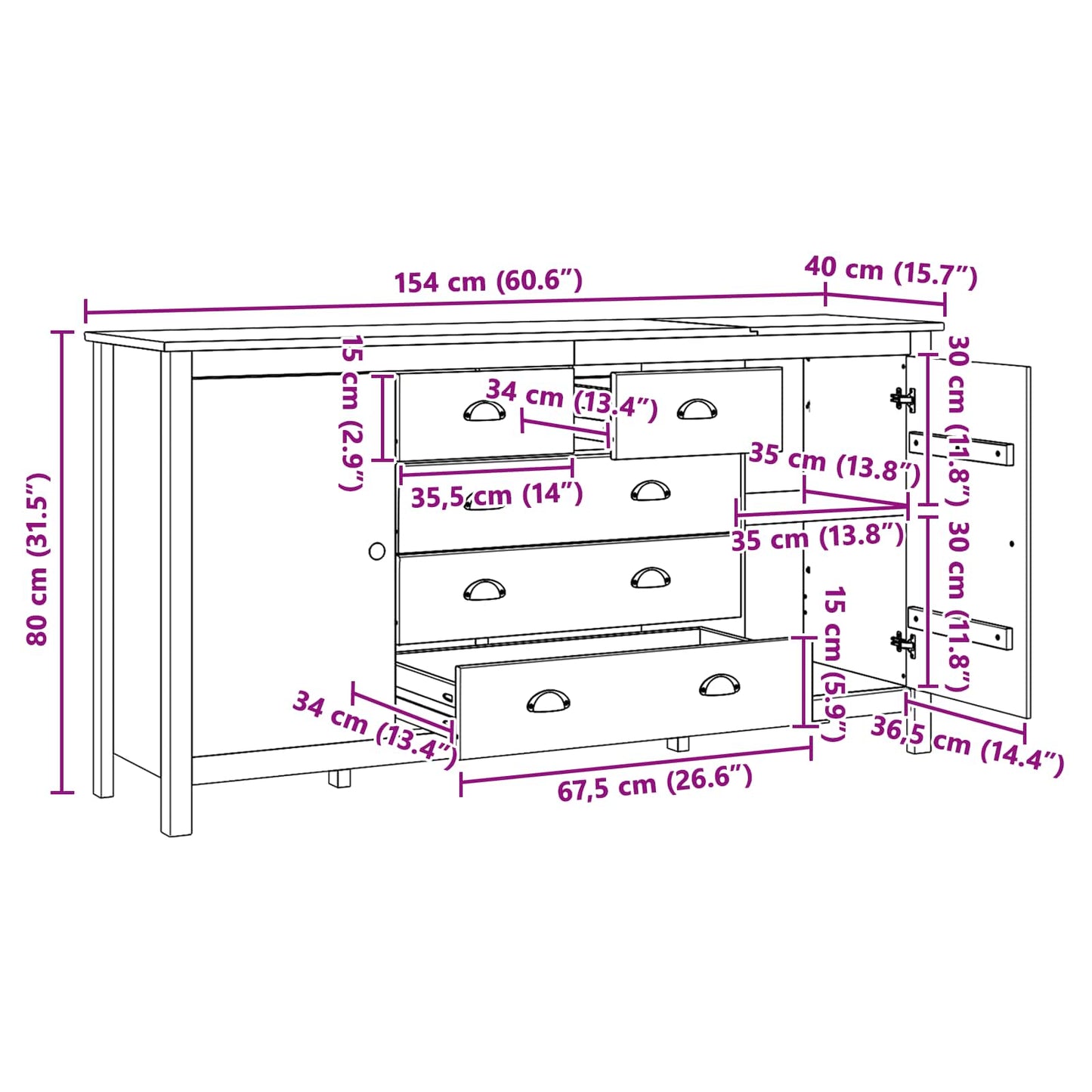 Serviesskap HILL Honning brun 154 x 40 x 80 cm Massiv furu