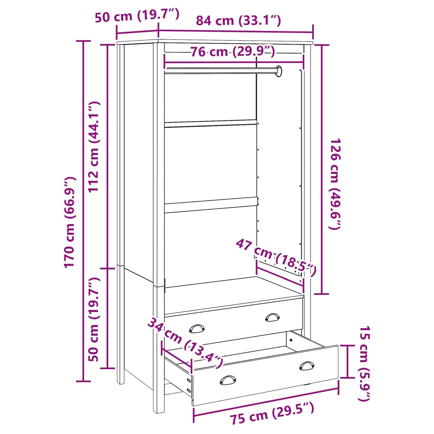 Garderobeskap HILL Honning brun 84 x 50 x 170 cm Massiv furu