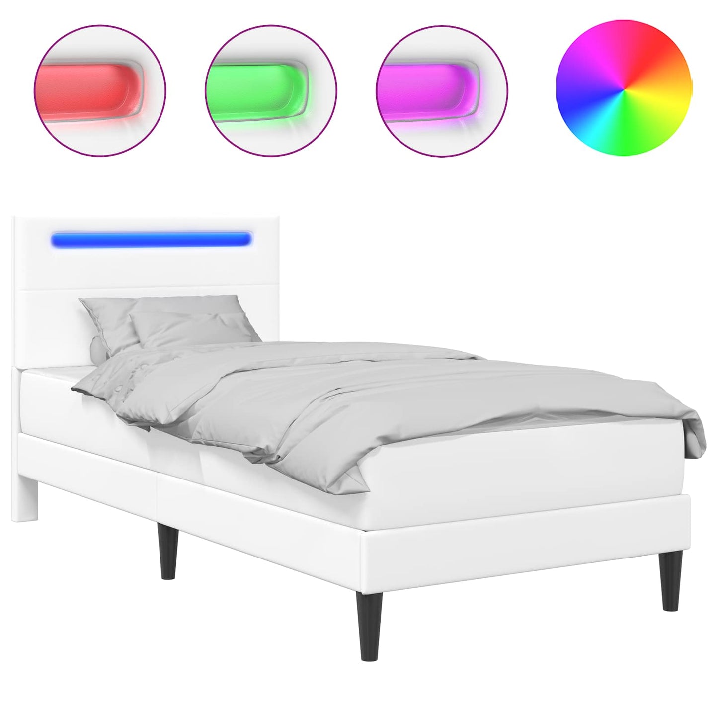 Sengestamme med LED-lysstrimler Hvit 90 x 190 cm Kunstlær