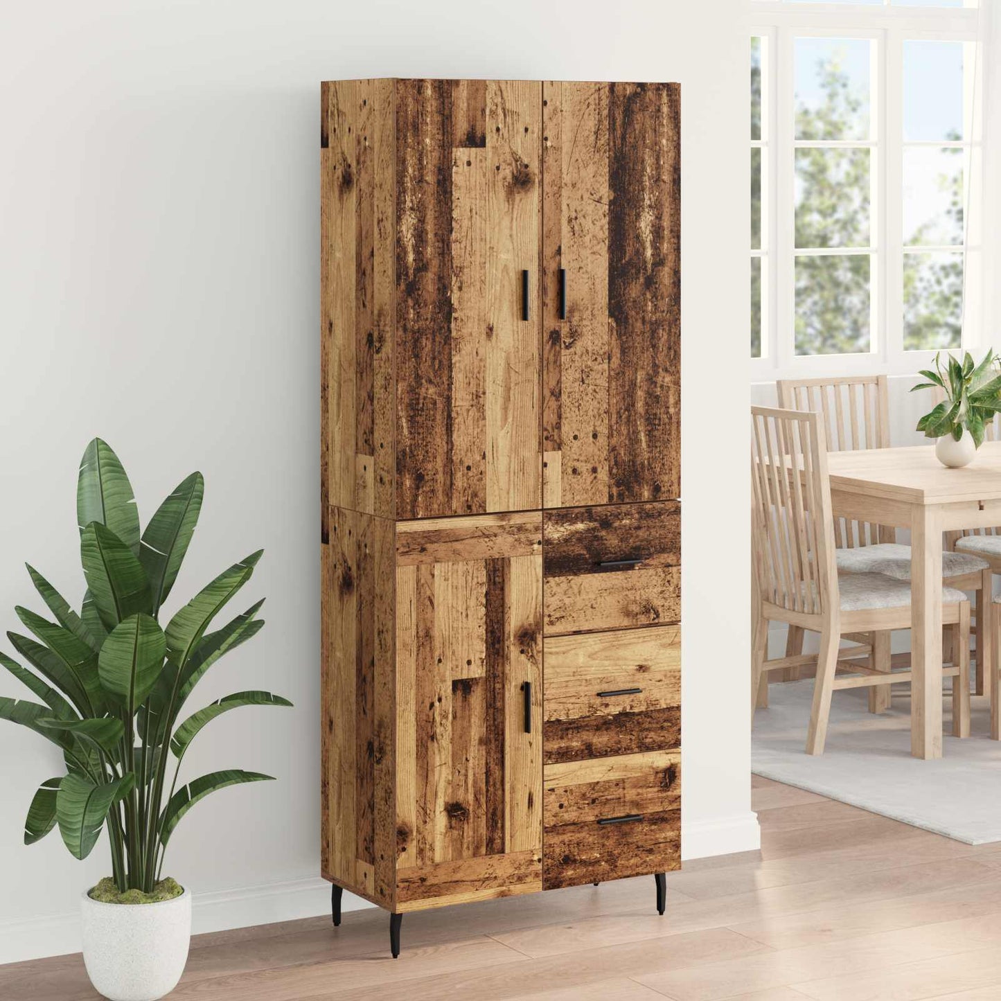Høyskap med skuff 2 pcs Gamle tre Sponplater og glass