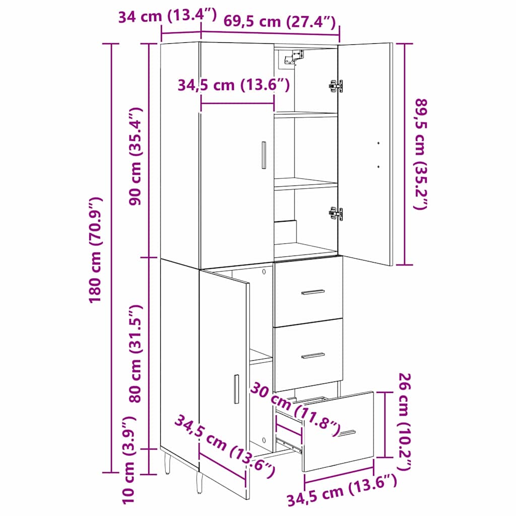 Høyskap 2 pcs Artisan Eik 69,5 x 34 x 180 cm Konstruert tre