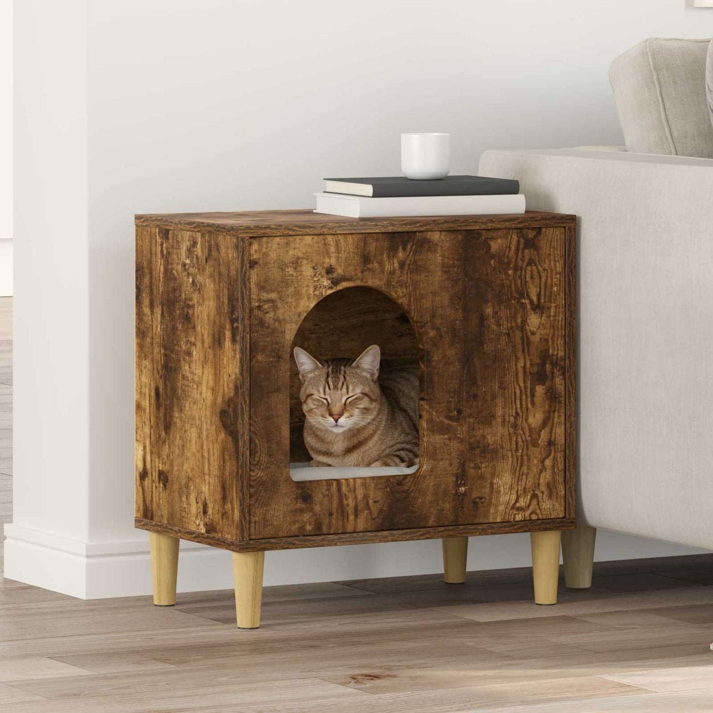 Katt Hus Røkt eik 51 x 30 x 52 cm Konstruert tre
