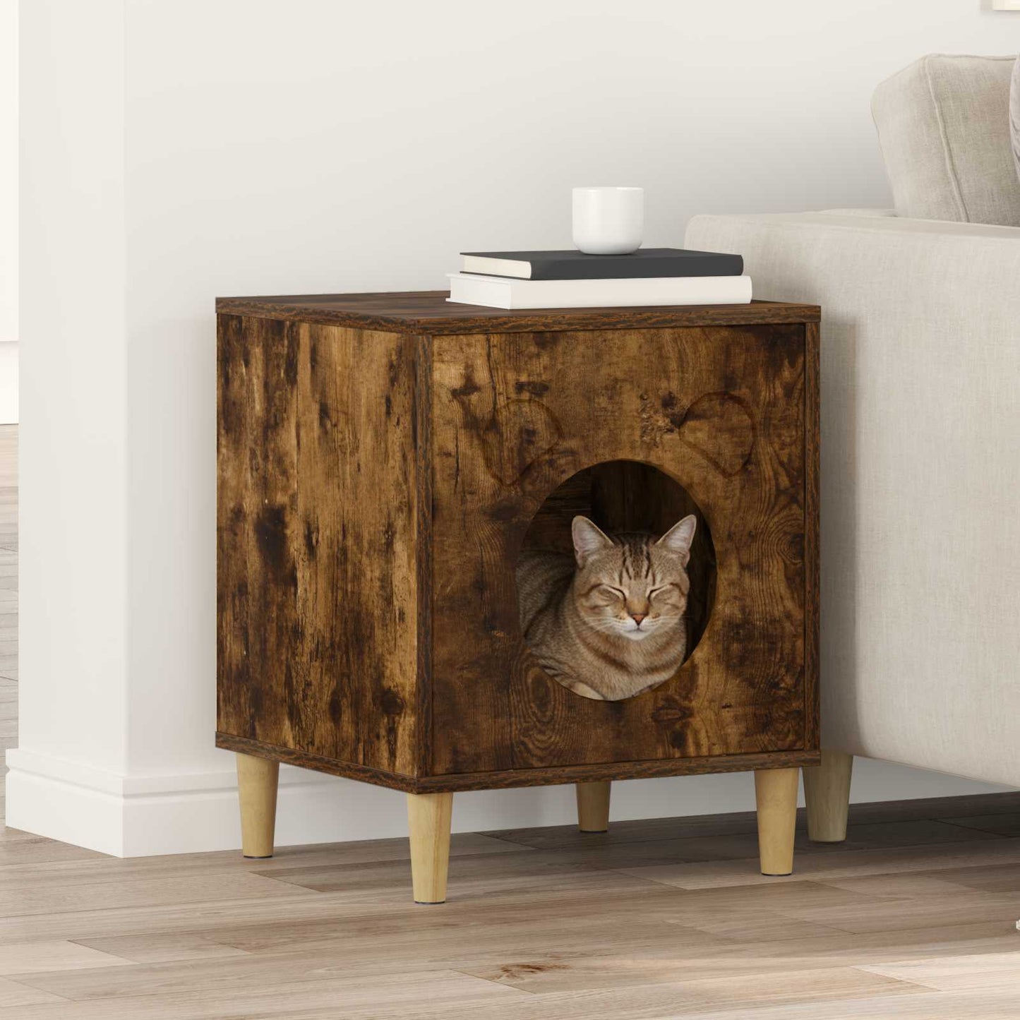 Katt Hus Røkt eik 42,5 x 40 x 53 cm Konstruert tre