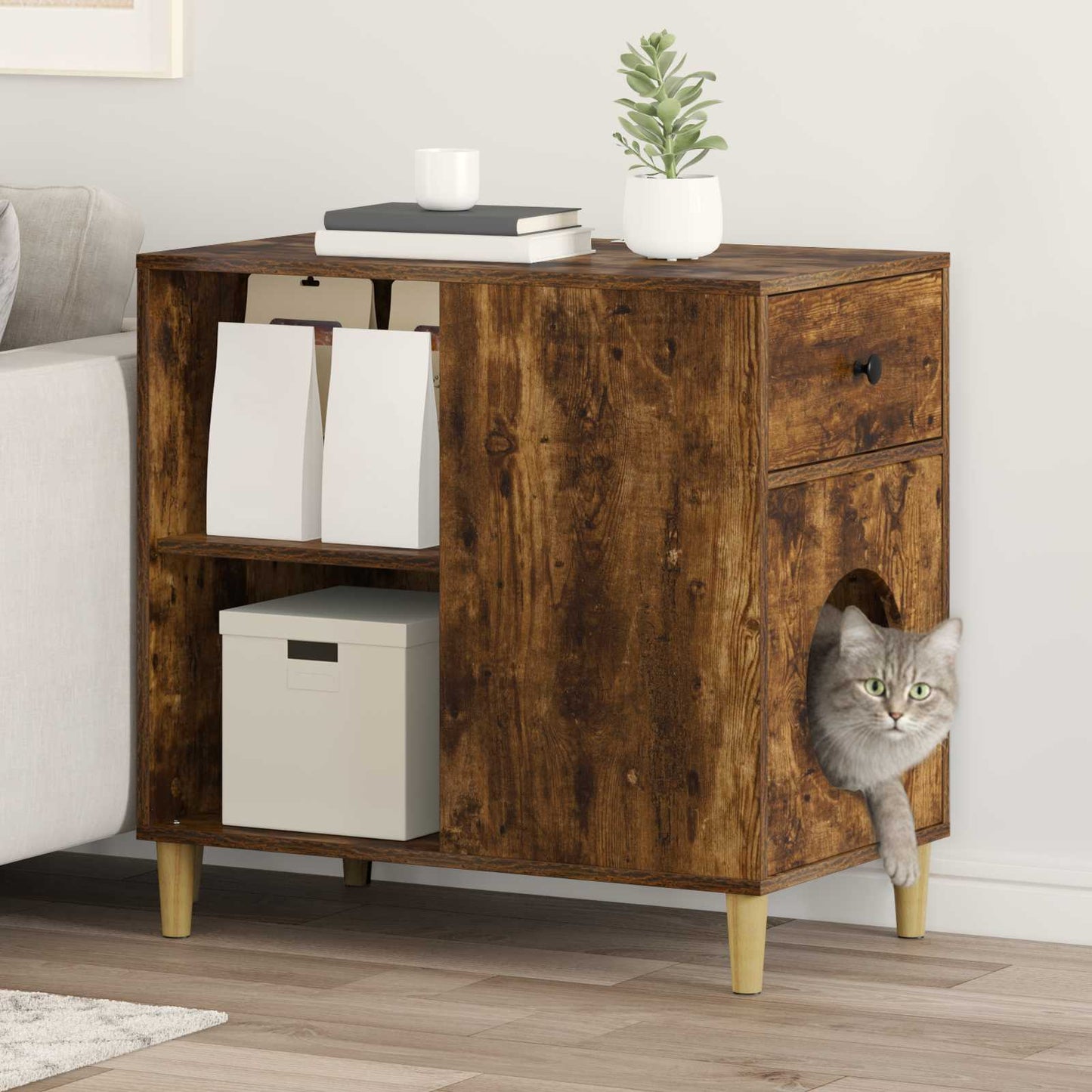 Katt Hus Røkt eik 72 x 42.5 x 70 cm Konstruert tre