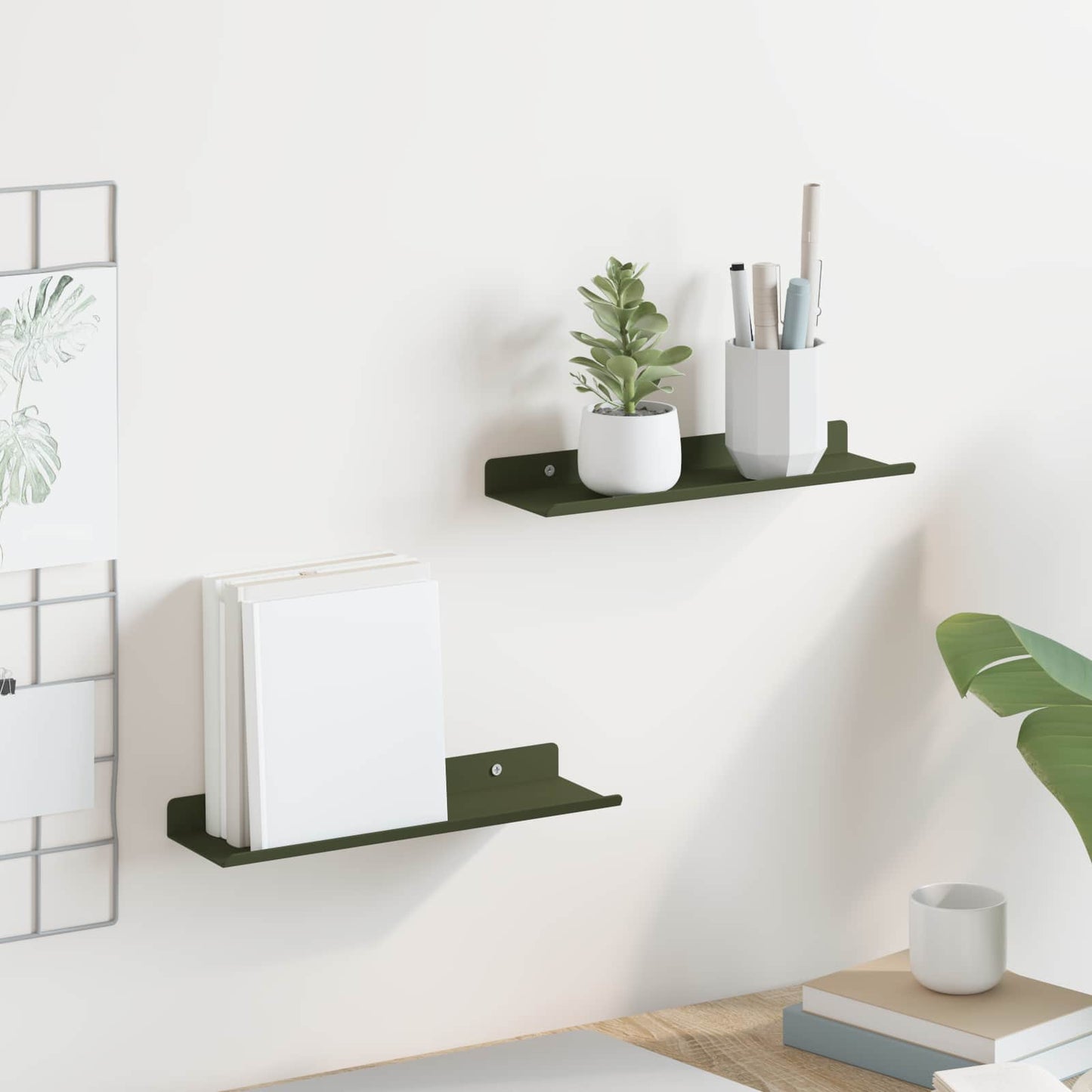Vegghylle med hylle 2 pcs Olivengrønn 30 x 9 x 2,5 cm vidaXL