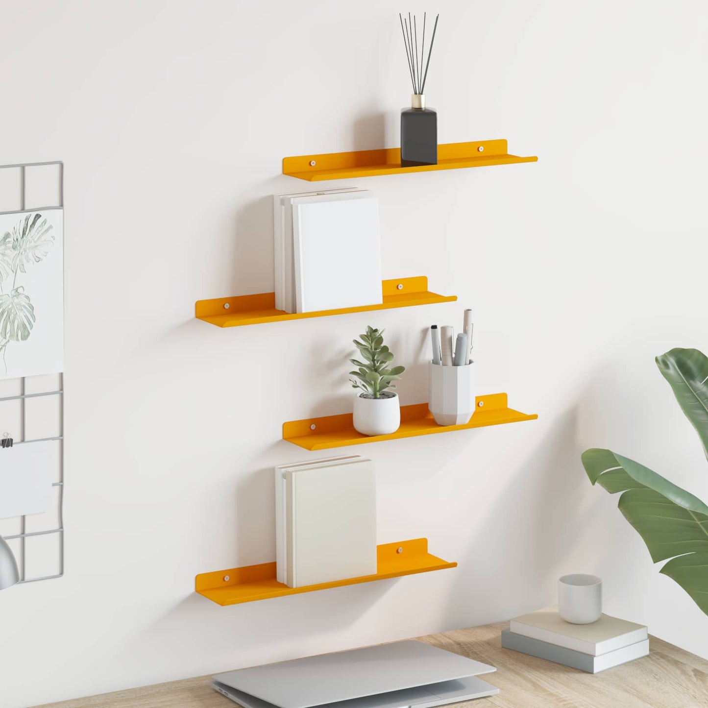 Vegghylle med hylle 4 pcs Sennepsgul 40 x 9 x 2,5 cm vidaXL