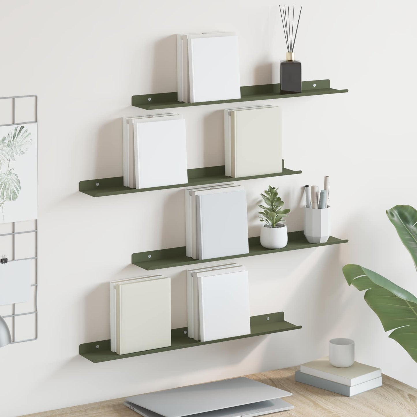 Vegghylle med hylle 4 pcs Olivengrønn 60 x 9 x 2,5 cm vidaXL