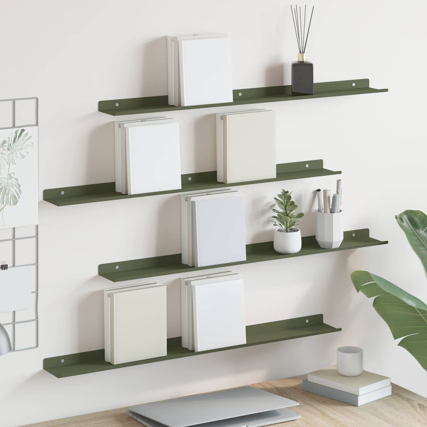 Vegghylle med hylle 4 pcs Olivengrønn 80 x 9 x 2,5 cm vidaXL