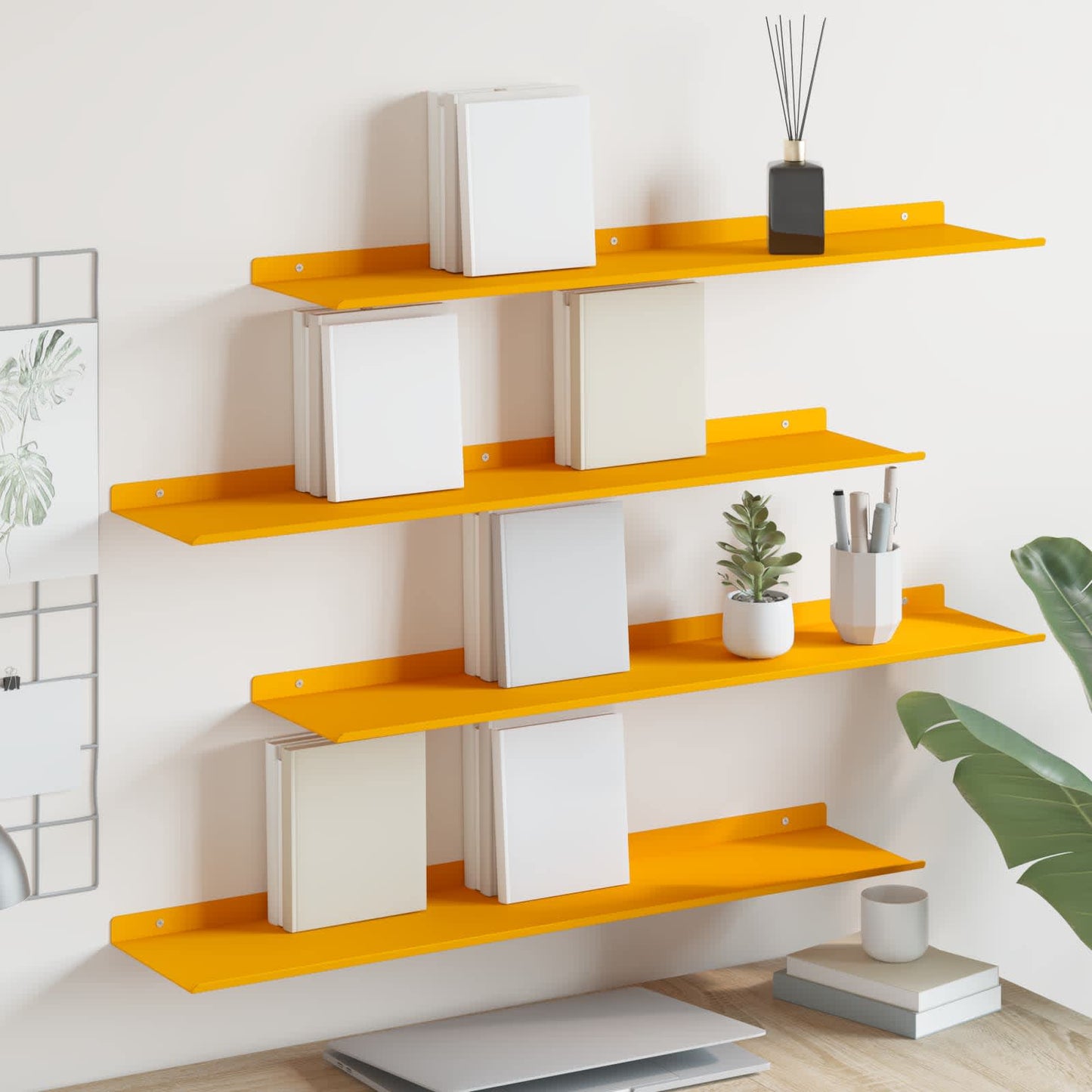 Vegghylle med hylle 4 pcs Sennepsgul 80 x 18 x 2,5 cm vidaXL