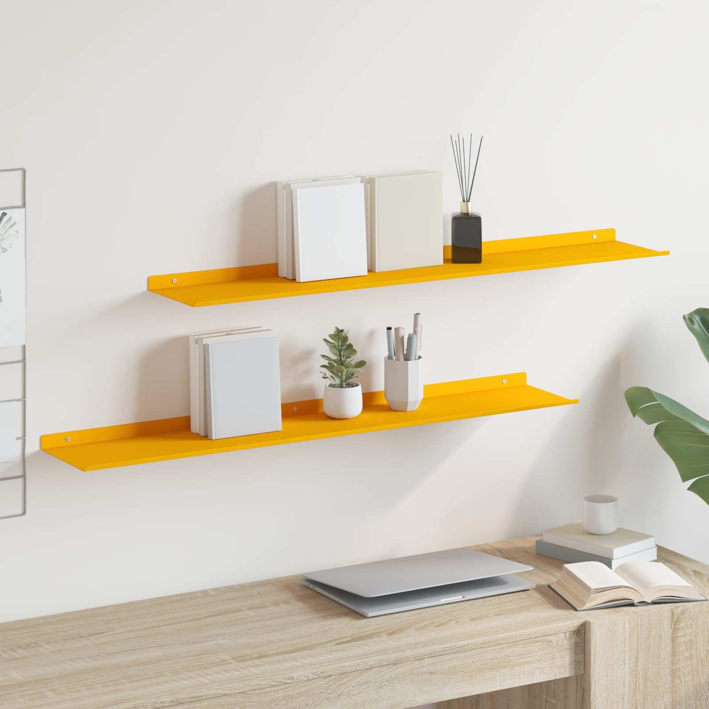 Vegghylle med hylle 2 pcs Sennepsgul 100 x 18 x 2,5 cm vidaXL