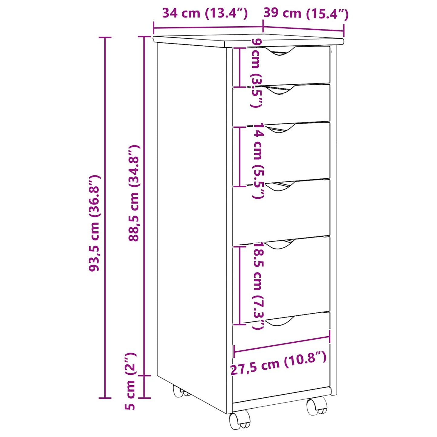 Rullende skap Honning brun 34 x 39 x 93,5 cm Massiv furu