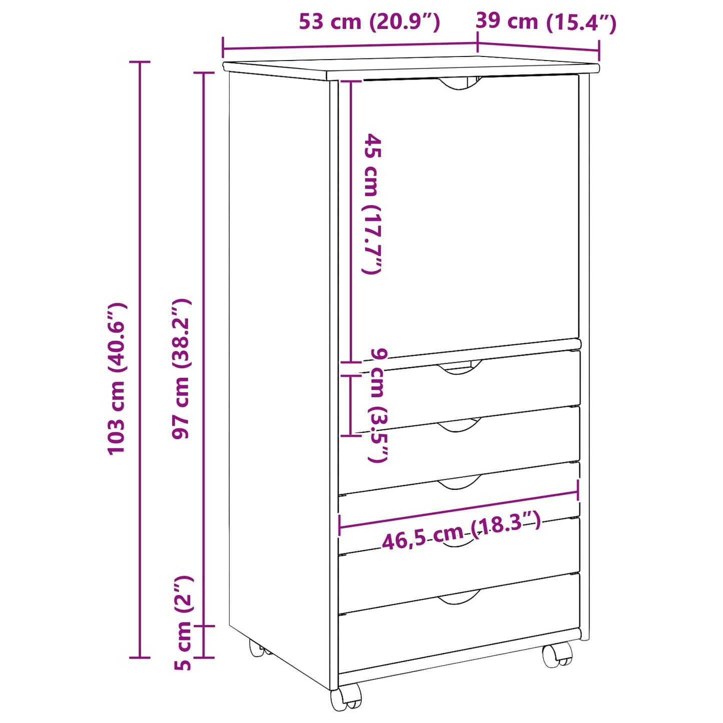 Rullende skap Honning brun 53 x 39 x 103 cm Massiv furu