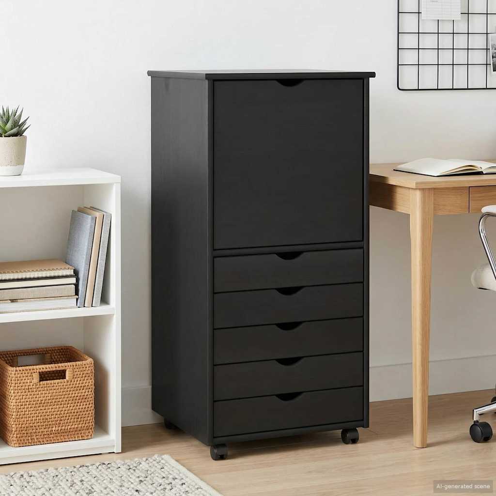Rullende skap med hjul Svart 53 x 39 x 103 cm Massiv furu