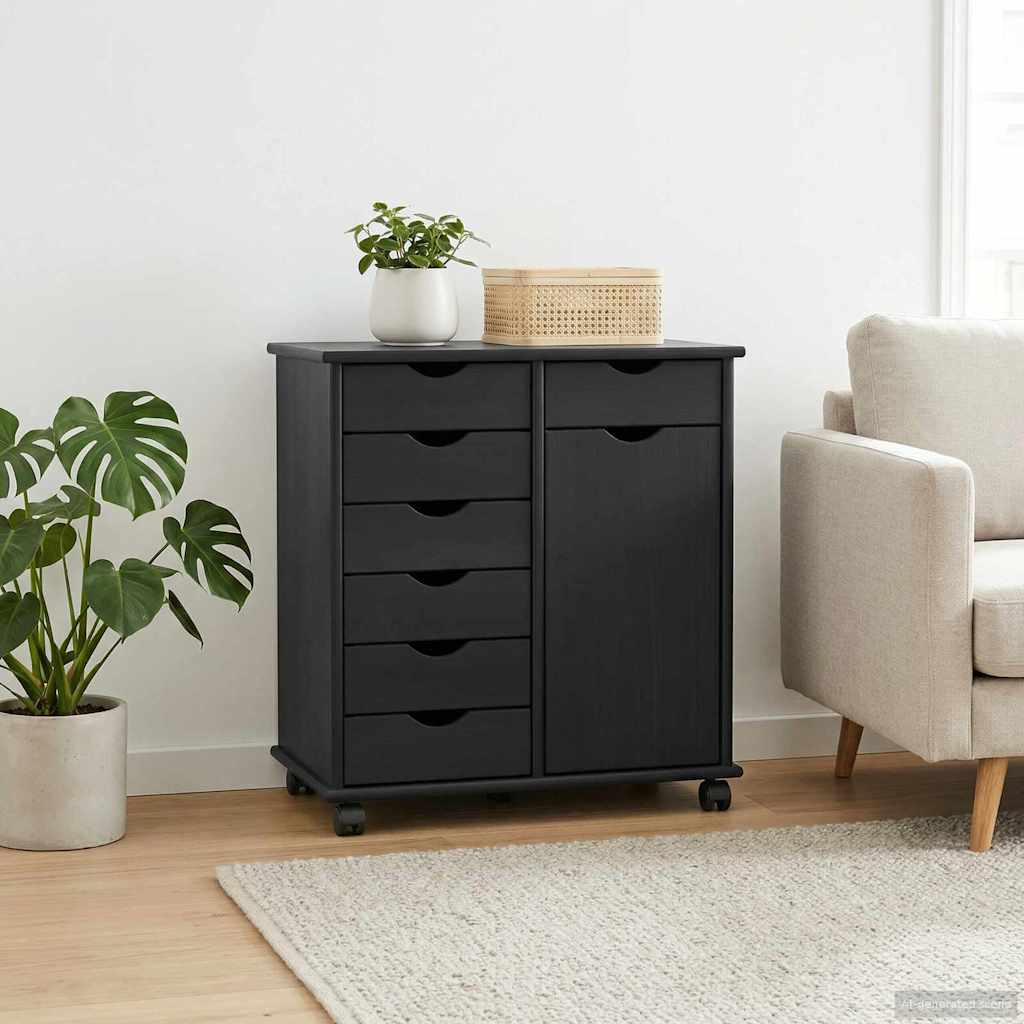 Rullende skap med hjul Svart 63,5 x 39 x 65,5 cm Massiv furu
