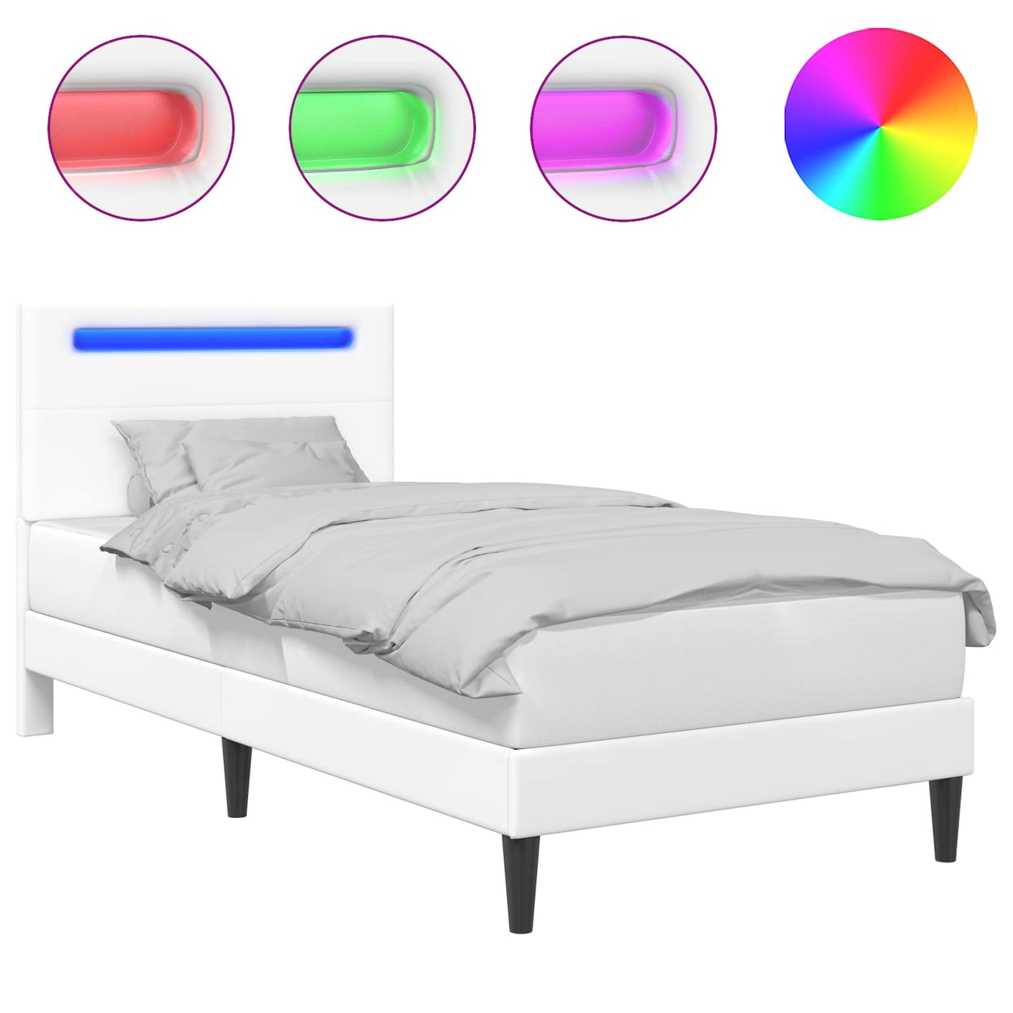 Sengestamme med LED-lysstrimler Hvit 90 x 190 cm Kunstlær