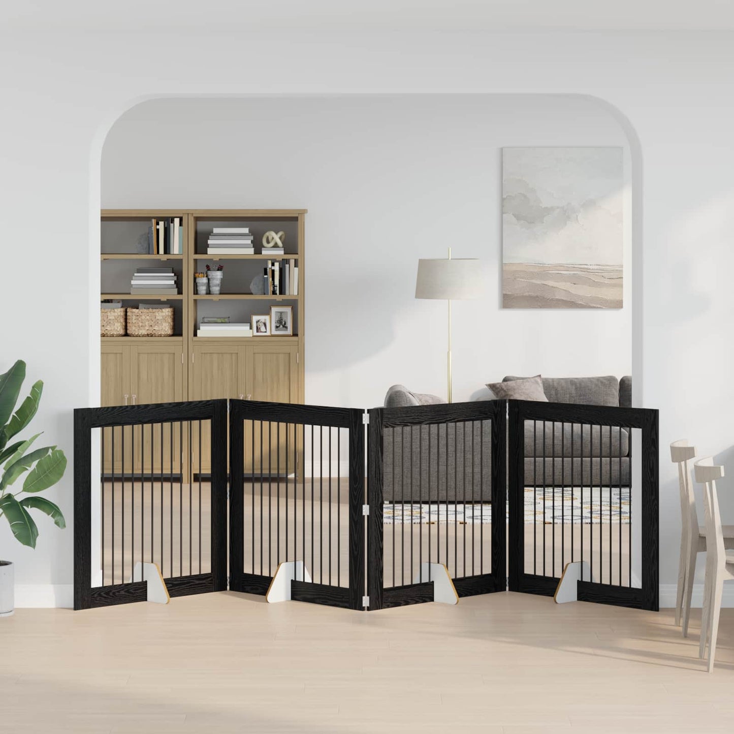 Foldbar hundegitter med stativer 4 pcs Svart eik 401 cm