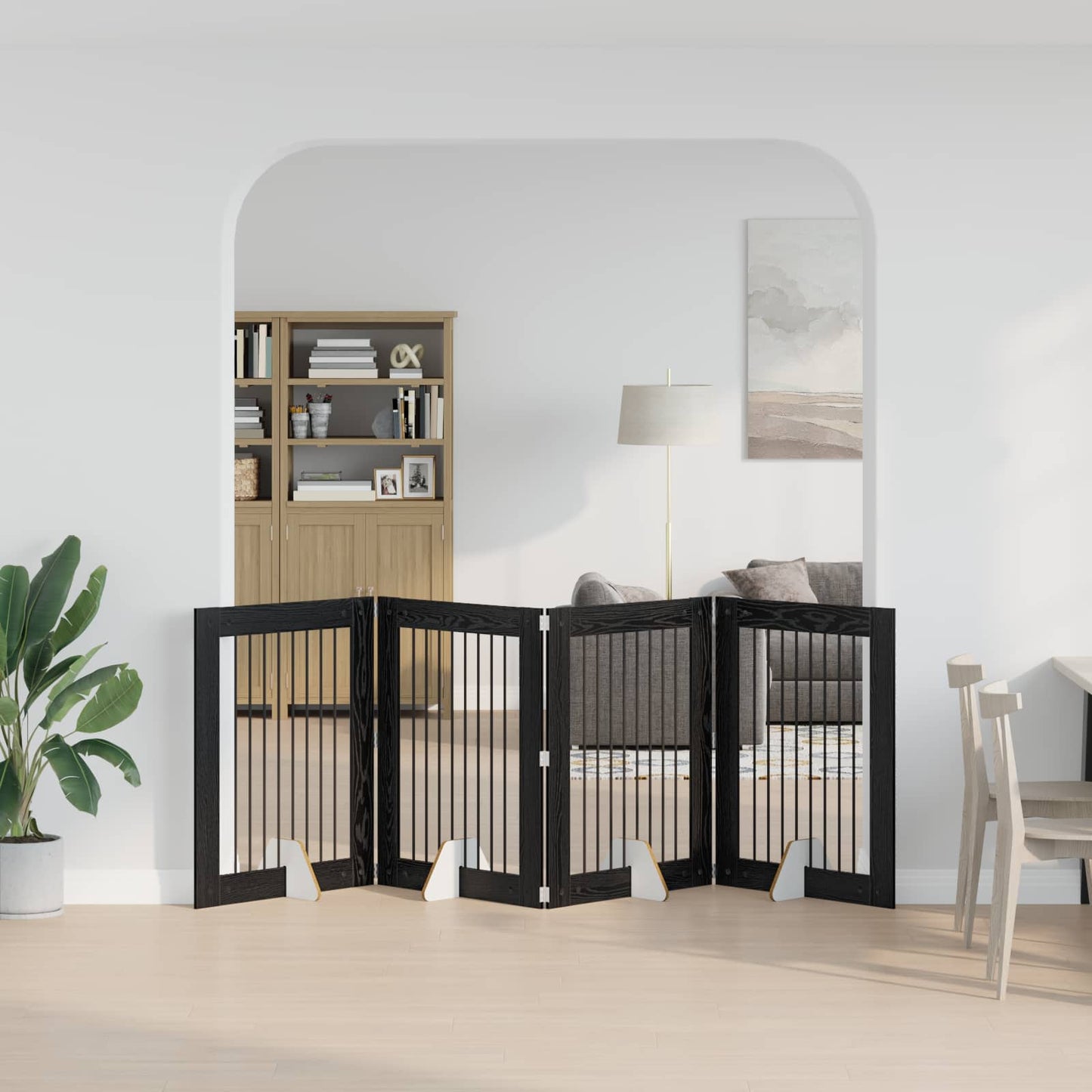 Foldbar hundegitter med stativer 4 pcs Svart eik 321 cm