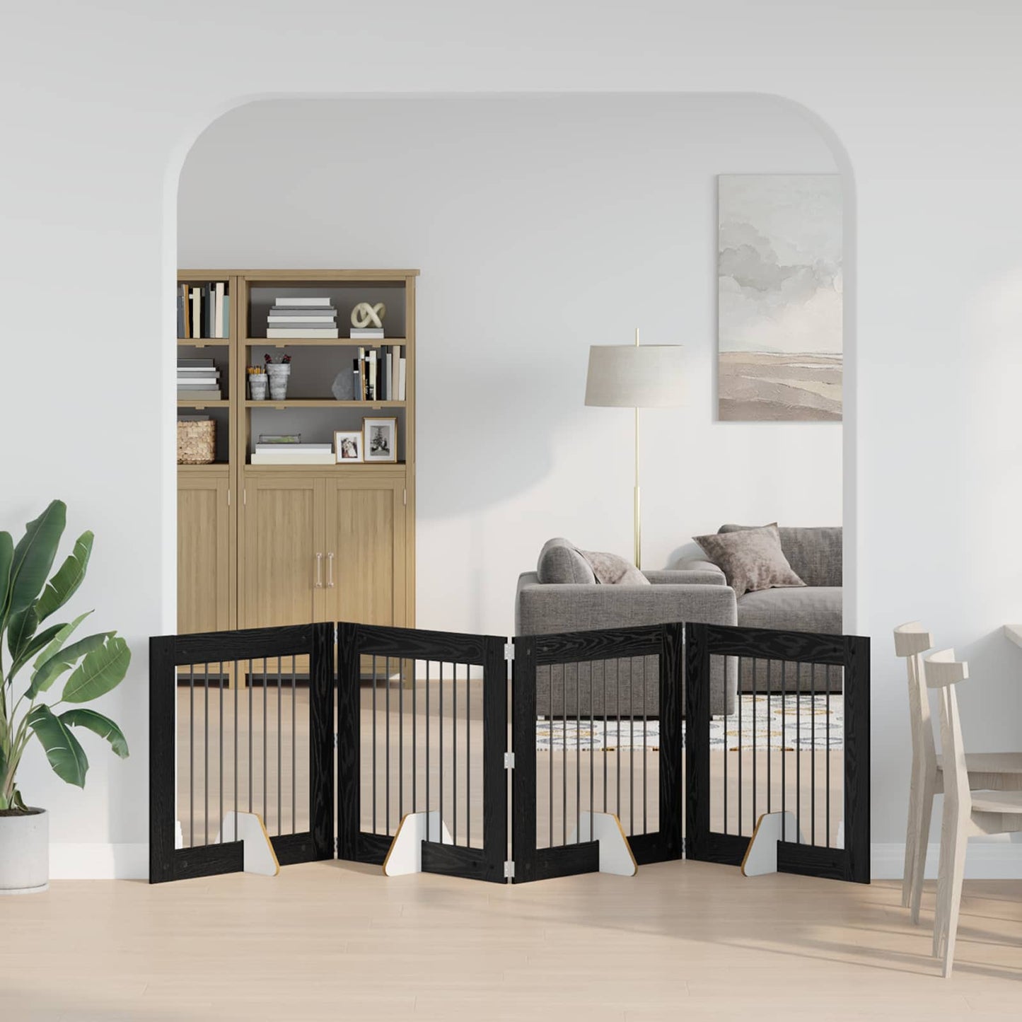 Foldbar hundegitter med stativer 4 pcs Svart eik 321 cm