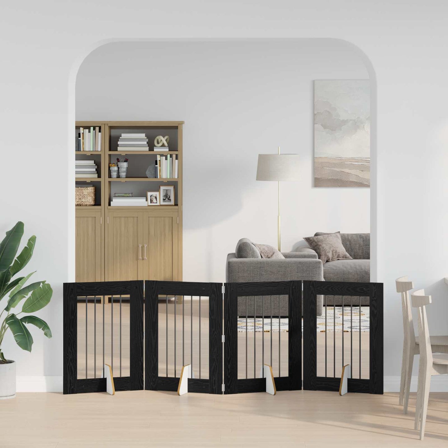 Foldbar hundegitter med stativer 4 pcs Svart eik 241 cm
