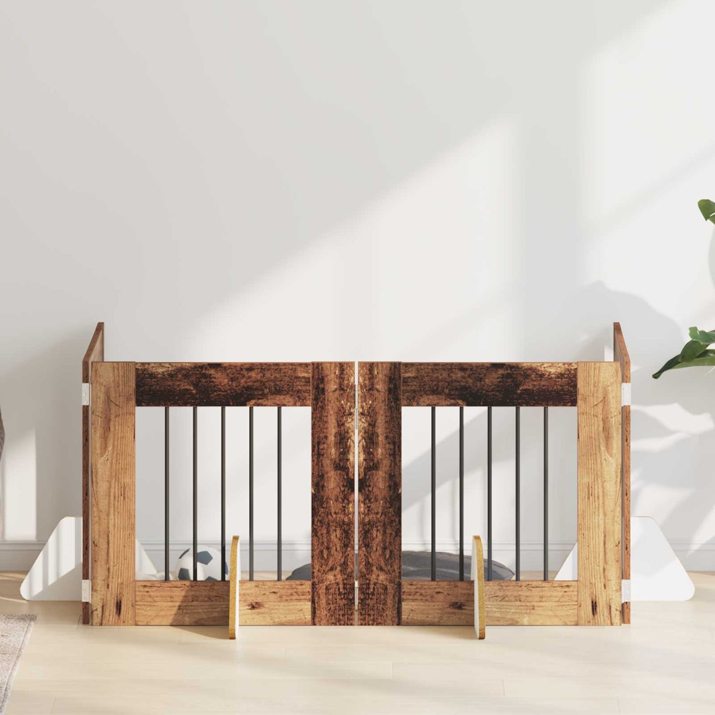 Foldbar hundegitter med stativer 4 pcs Gammelt tre 241 cm