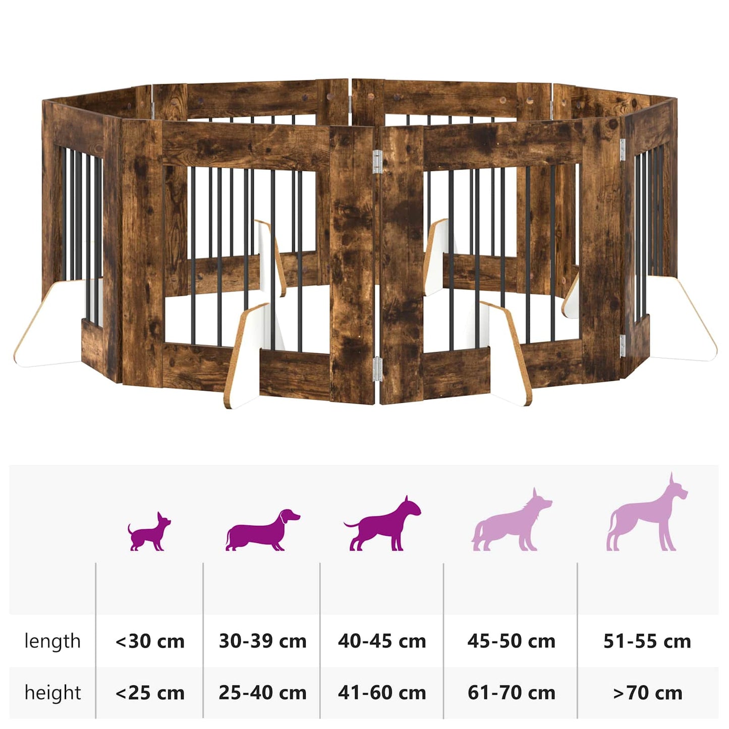 Foldbar hundegitter med stativer 8 pcs Røkt Eik 60 cm