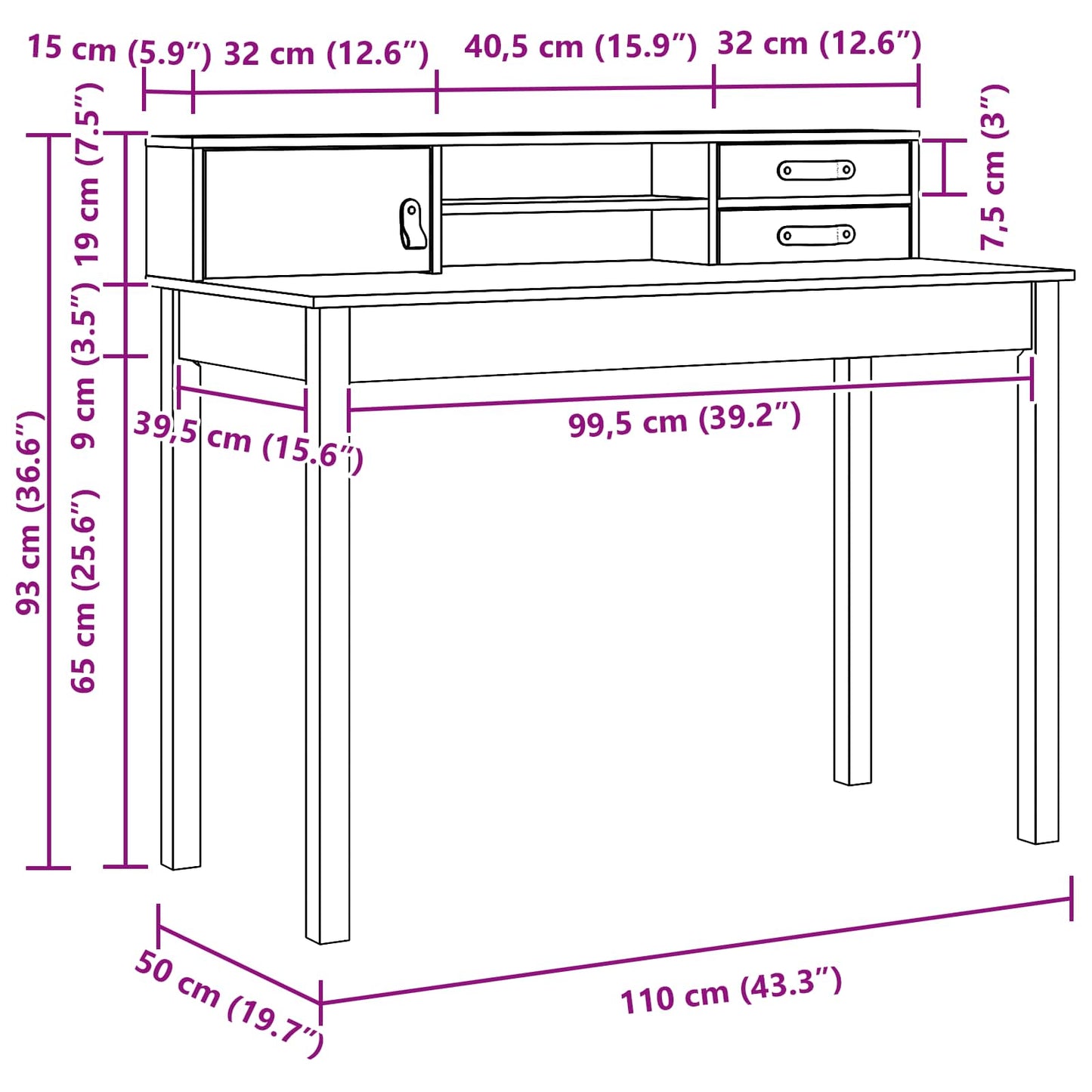 Skrivebord med skuff Vokset Brun 110 x 50 x 93 cm Massiv furu