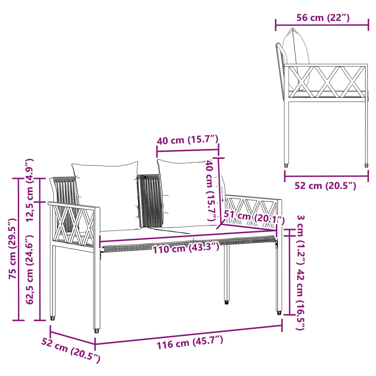Utebenker 2 -Seater 116 x 56 x 75 cm polyrotting