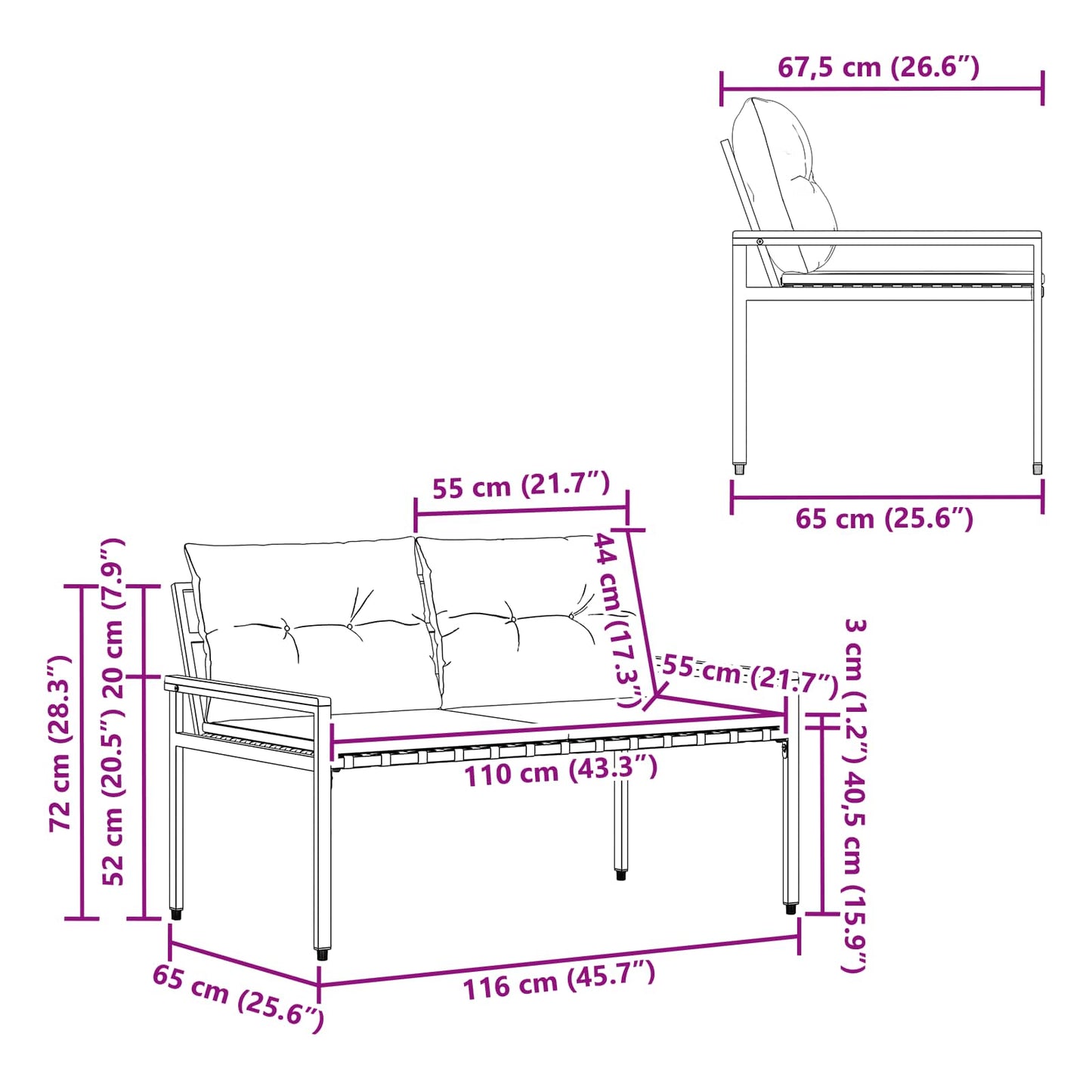 Utendørs benk 2 -Seater 116 x 67,5 x 72 cm polyrotting Mørkegrå