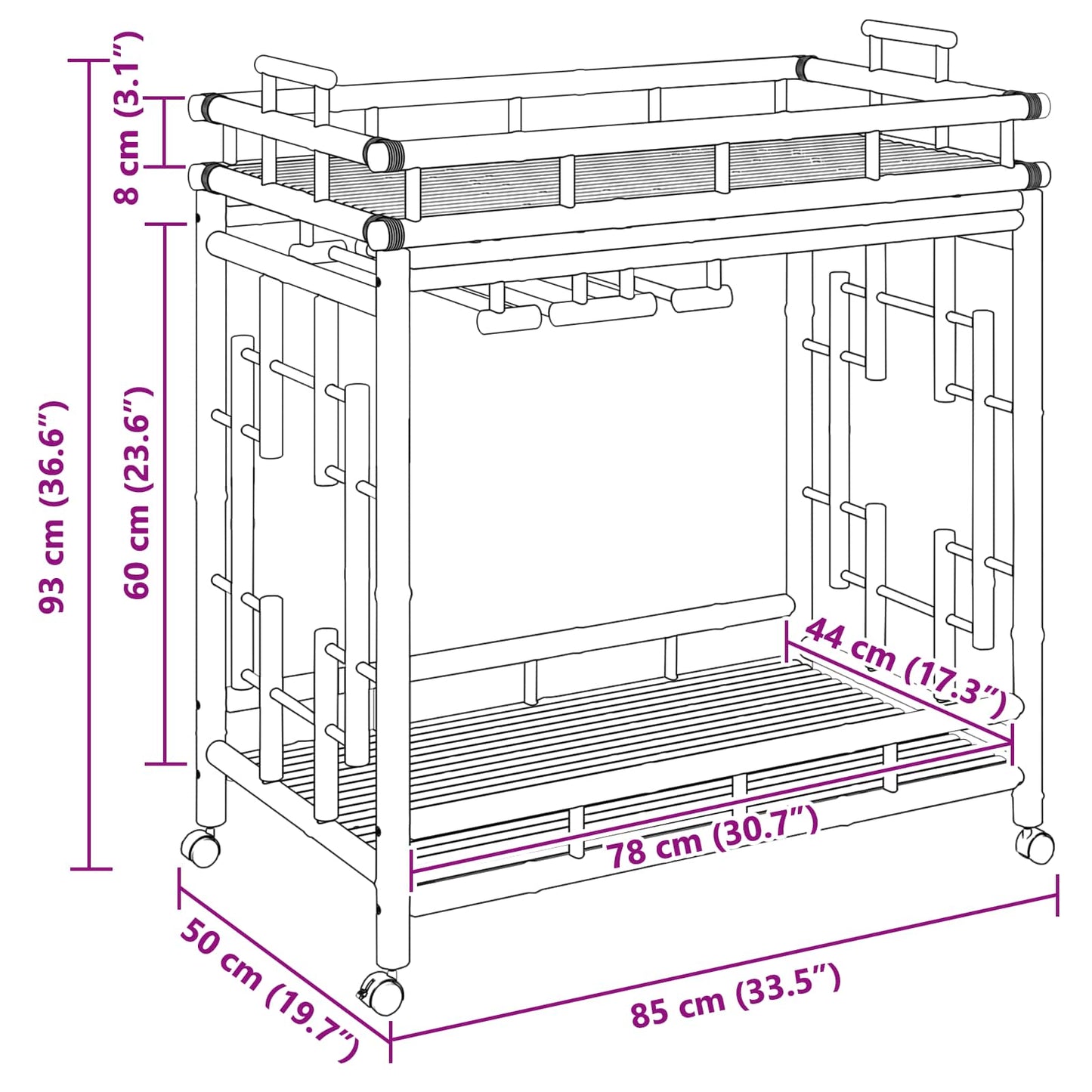 Vinstrolley med hjul Naturlig 85 x 50 x 93 cm Bambus vidaXL