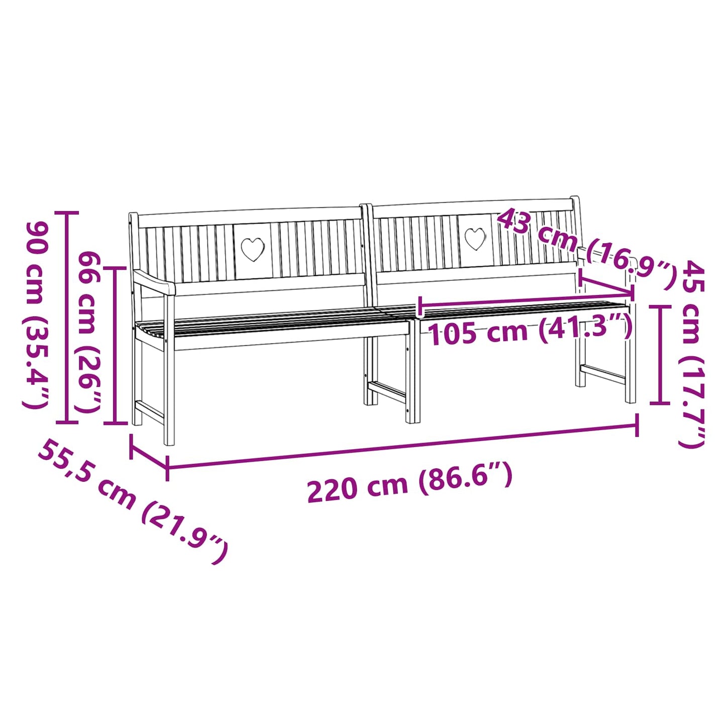 Utendørs benk Naturlig 220 x 55,5 x 90 cm Solid akasietre