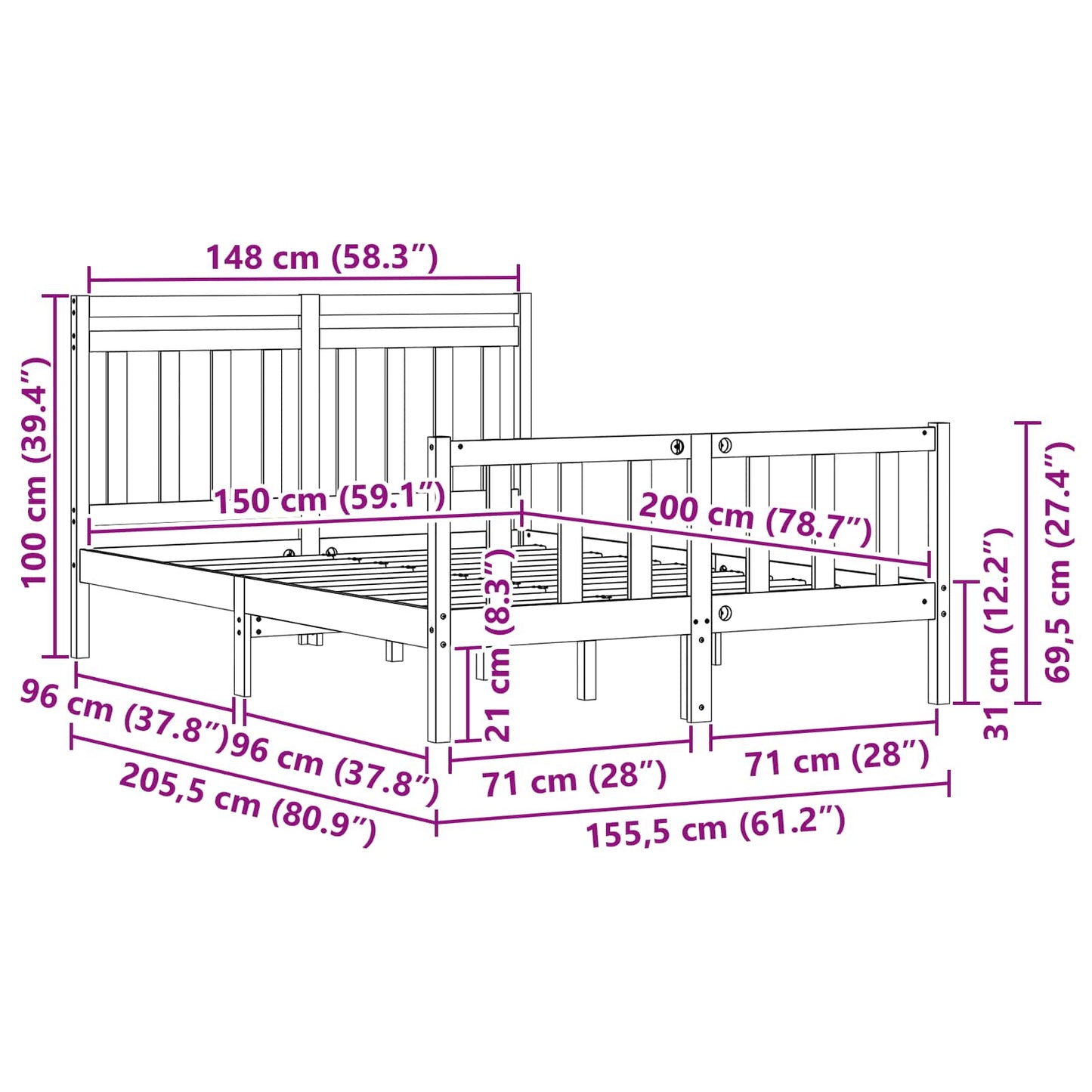 Sengestamme Vokset Brun 205,5 x 155,5 x 100 cm Massiv furu