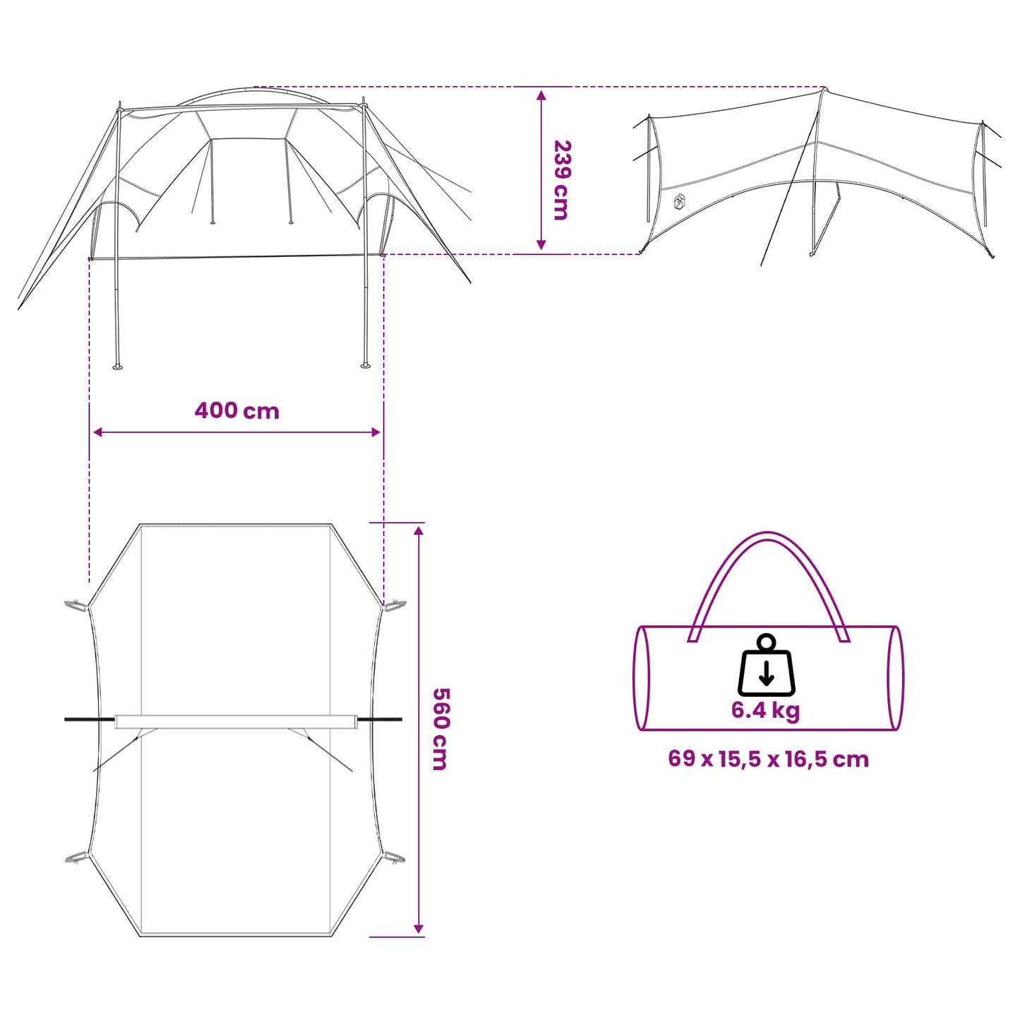 Camping tarp vanntett Grå og Oransje 550 x 400 x 230 cm