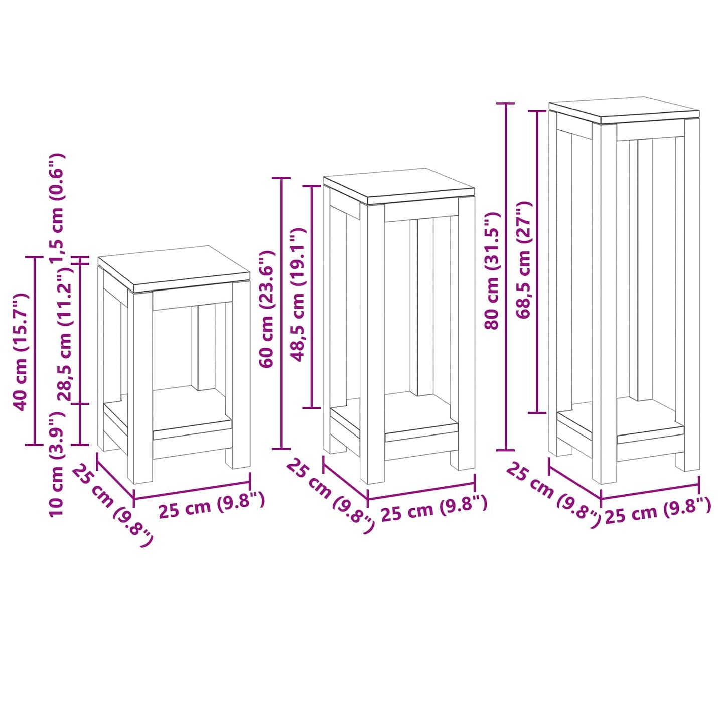Planteholder 3 stk. Naturlig 25 x 25 x 80 cm Massivt Teaktre