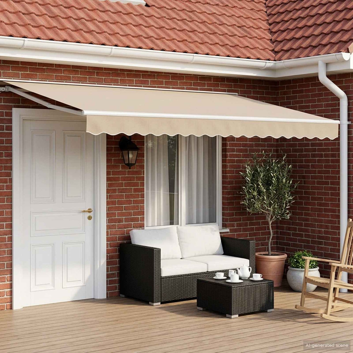 Manuell markiseramme med LEDs Beige og Hvit 4,5 × 3,5 m