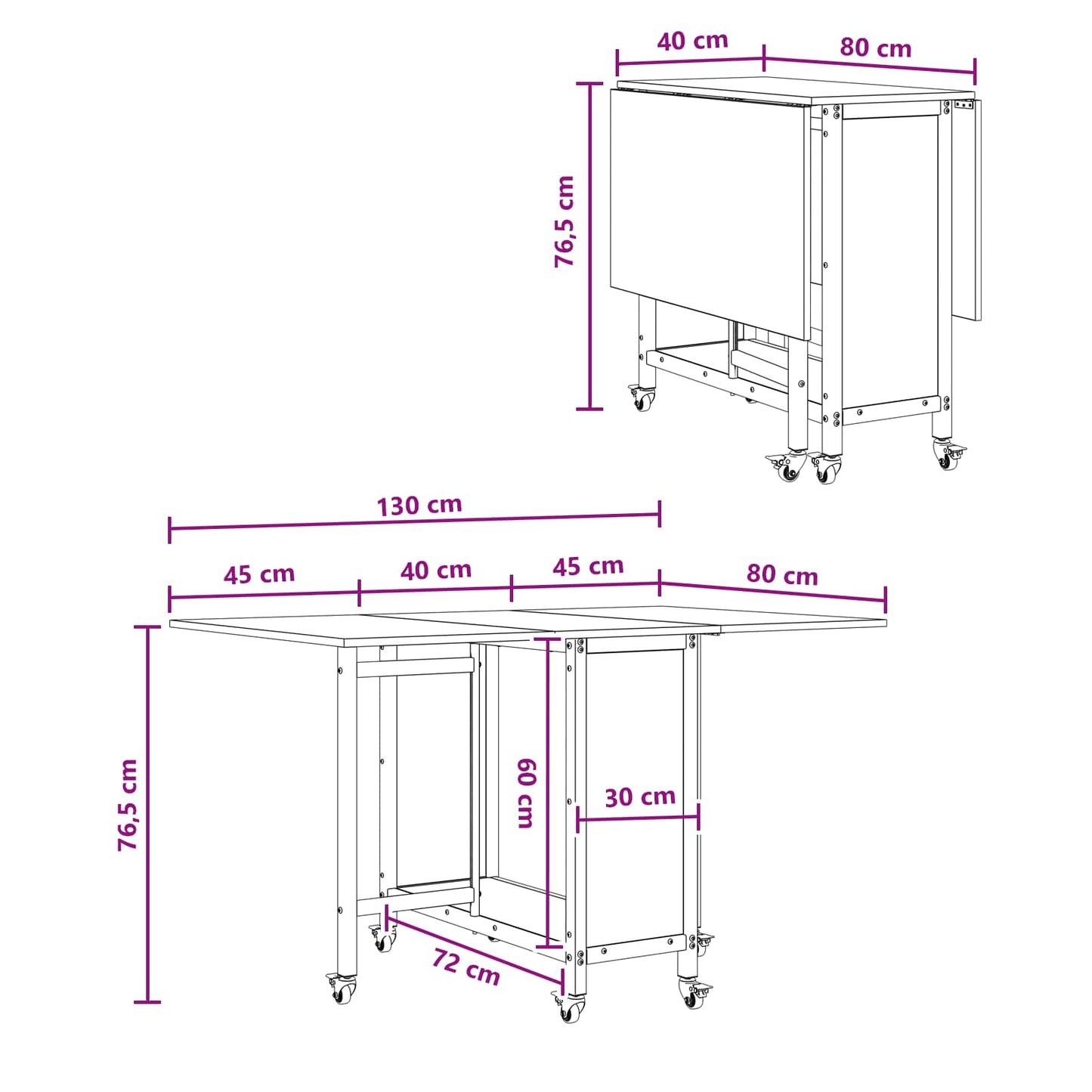 Sammenleggbart spisebord med hjul 130 x 80 x 76,5 cm stål PB