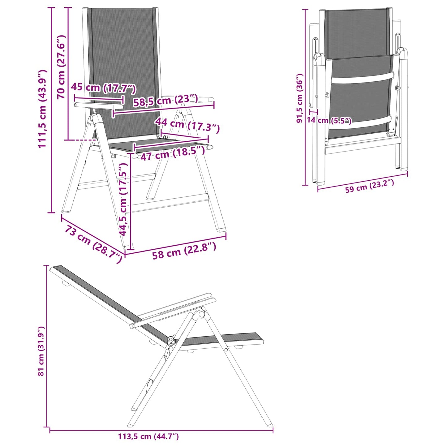 Recliner Hage Stoler 2 pcs Svart 58 x 73 x 111,5 cm Textilene