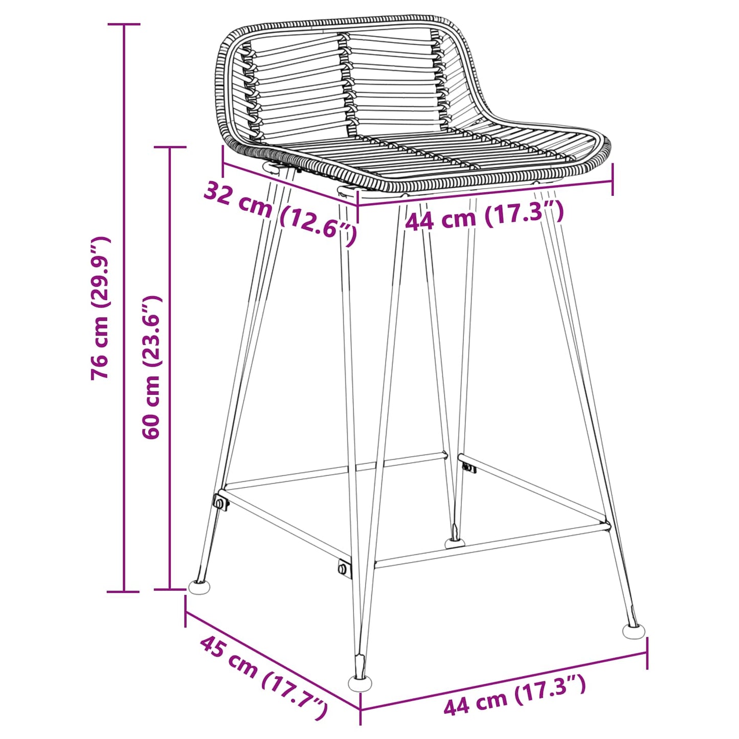 Barstol 2 pcs Svart 44 x 45 x 76 cm Rattan og Stål
