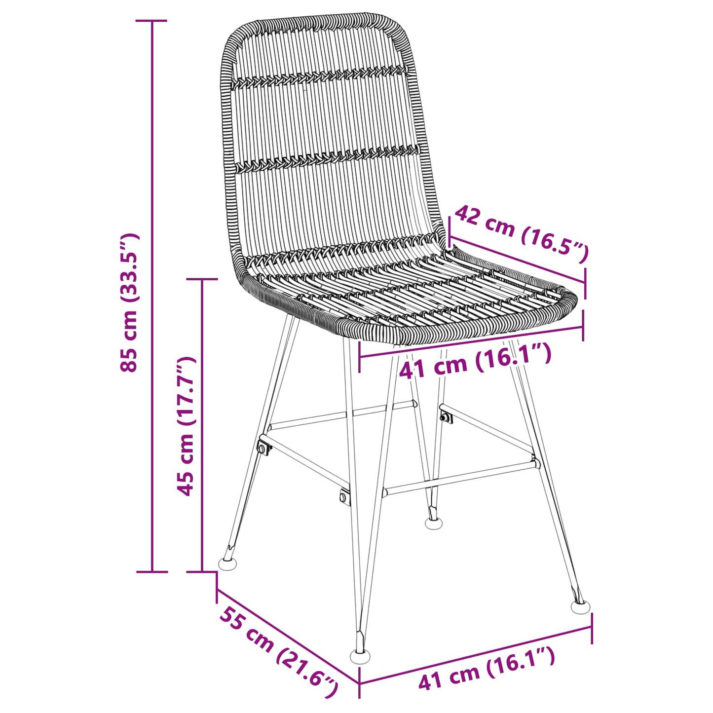 Spisestol 2 pcs Naturlig 41 x 55 x 85 cm Rattan og Stål