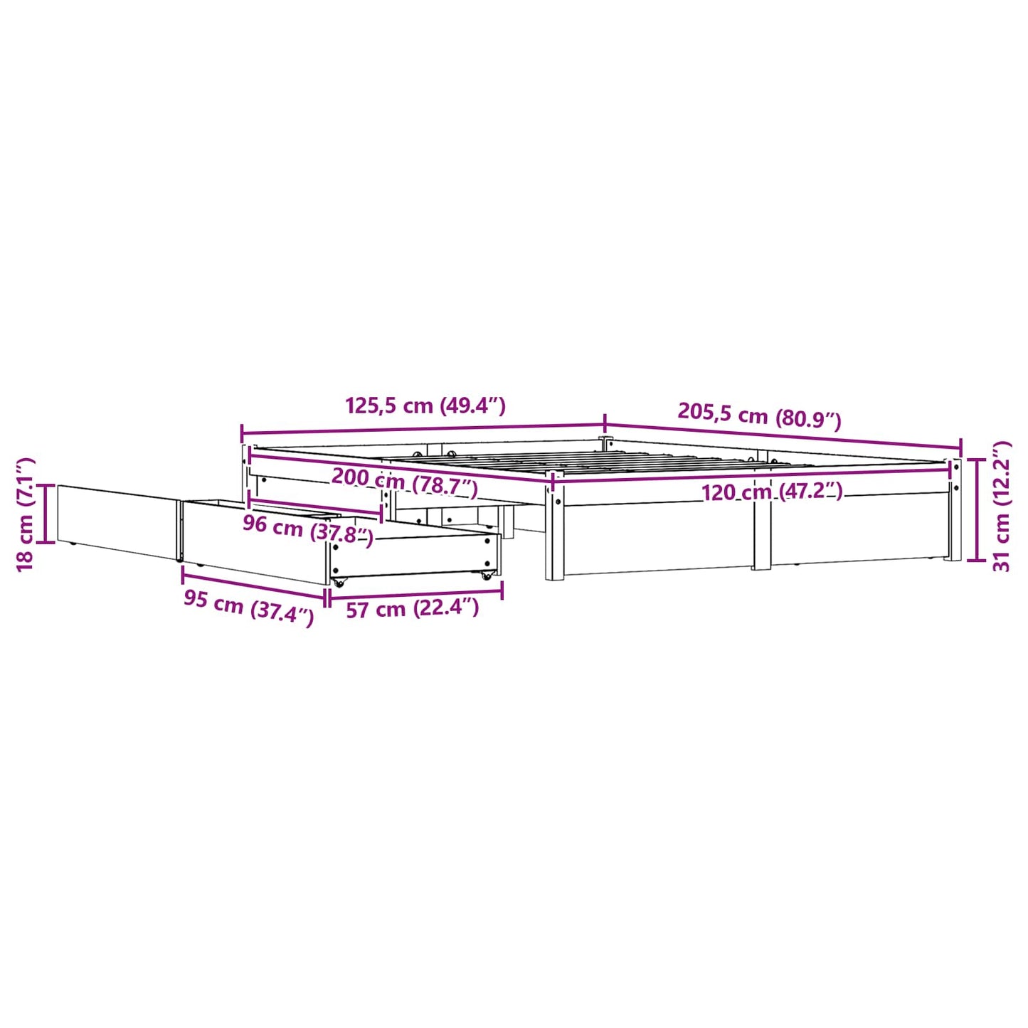 Sengestamme med skuff Vokset Brun 120 x 200 cm Massiv furu