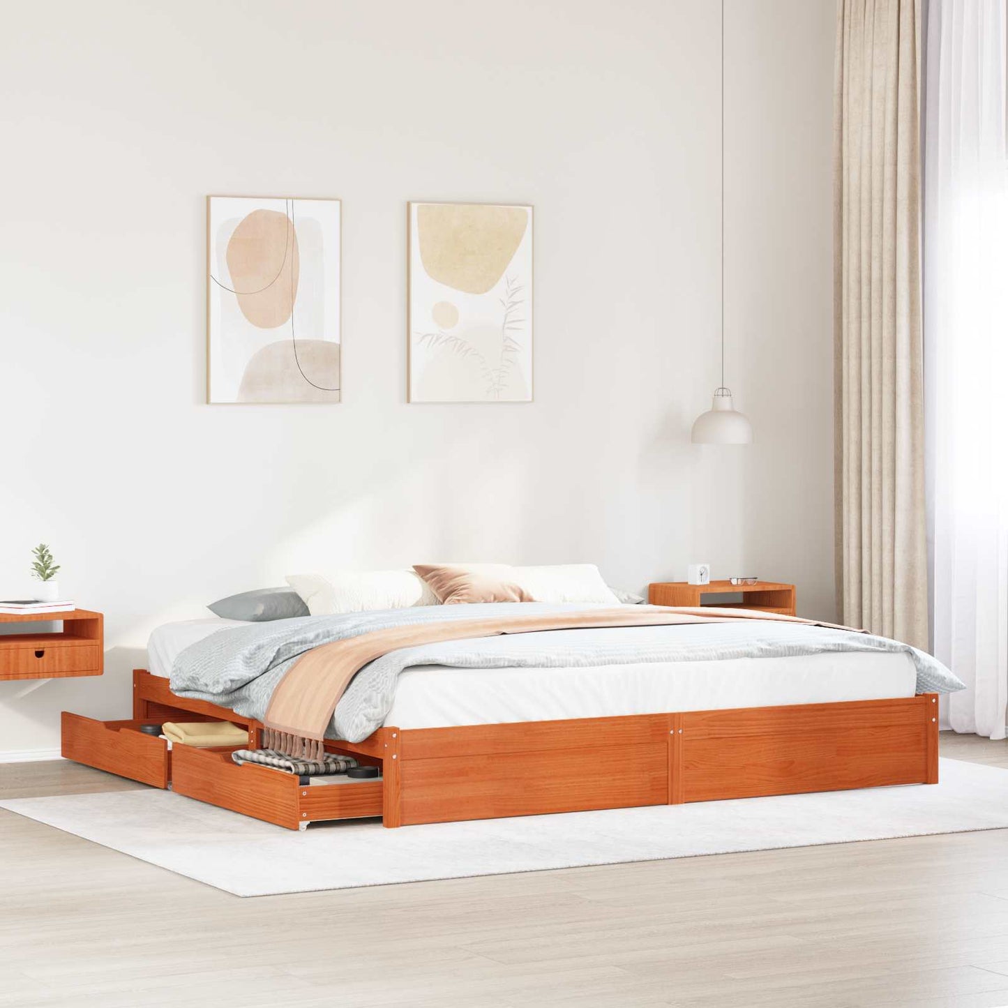 Sengestamme med skuff Vokset Brun 180 x 200 cm Massiv furu