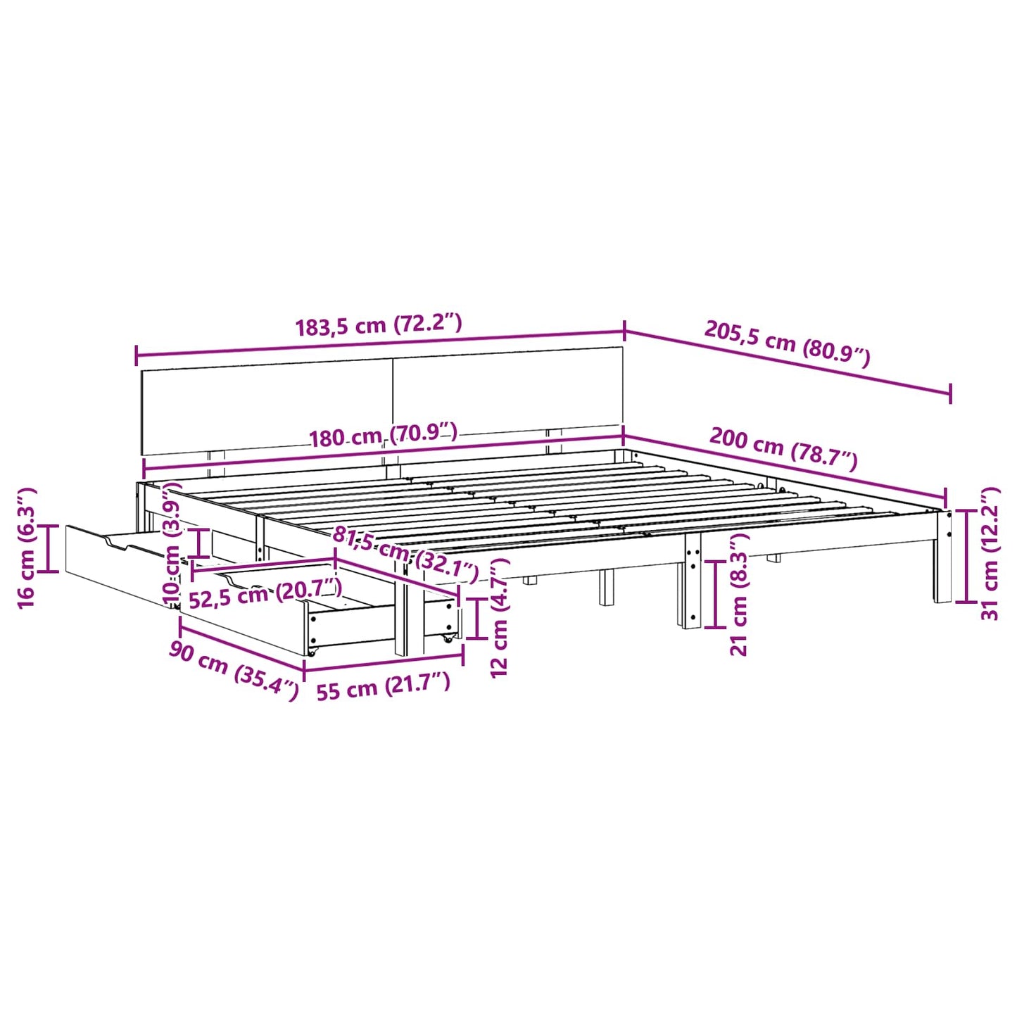 Sengestamme med hodegjerde Vokset Brun 180 x 200 cm Massiv furu