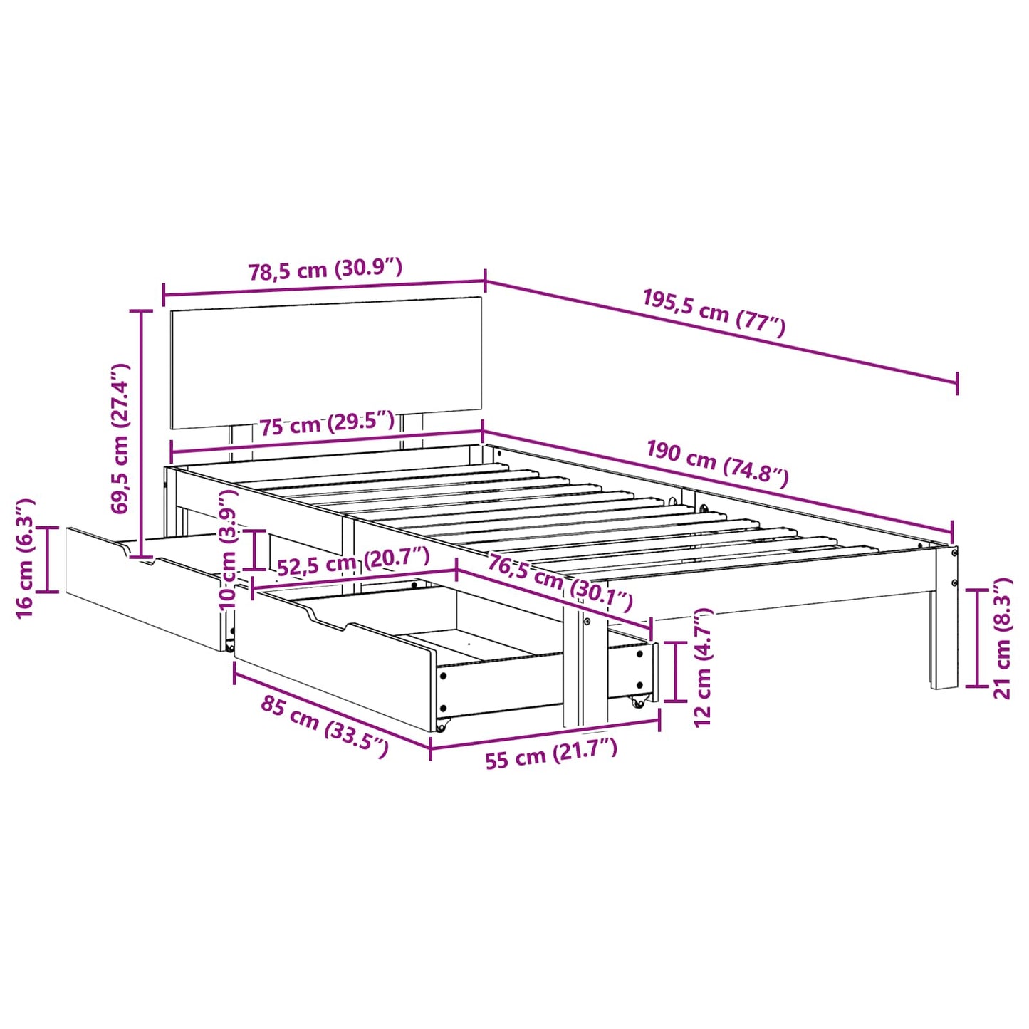 Sengestamme med hodegjerde Vokset Brun 70 x 190 cm Massiv furu