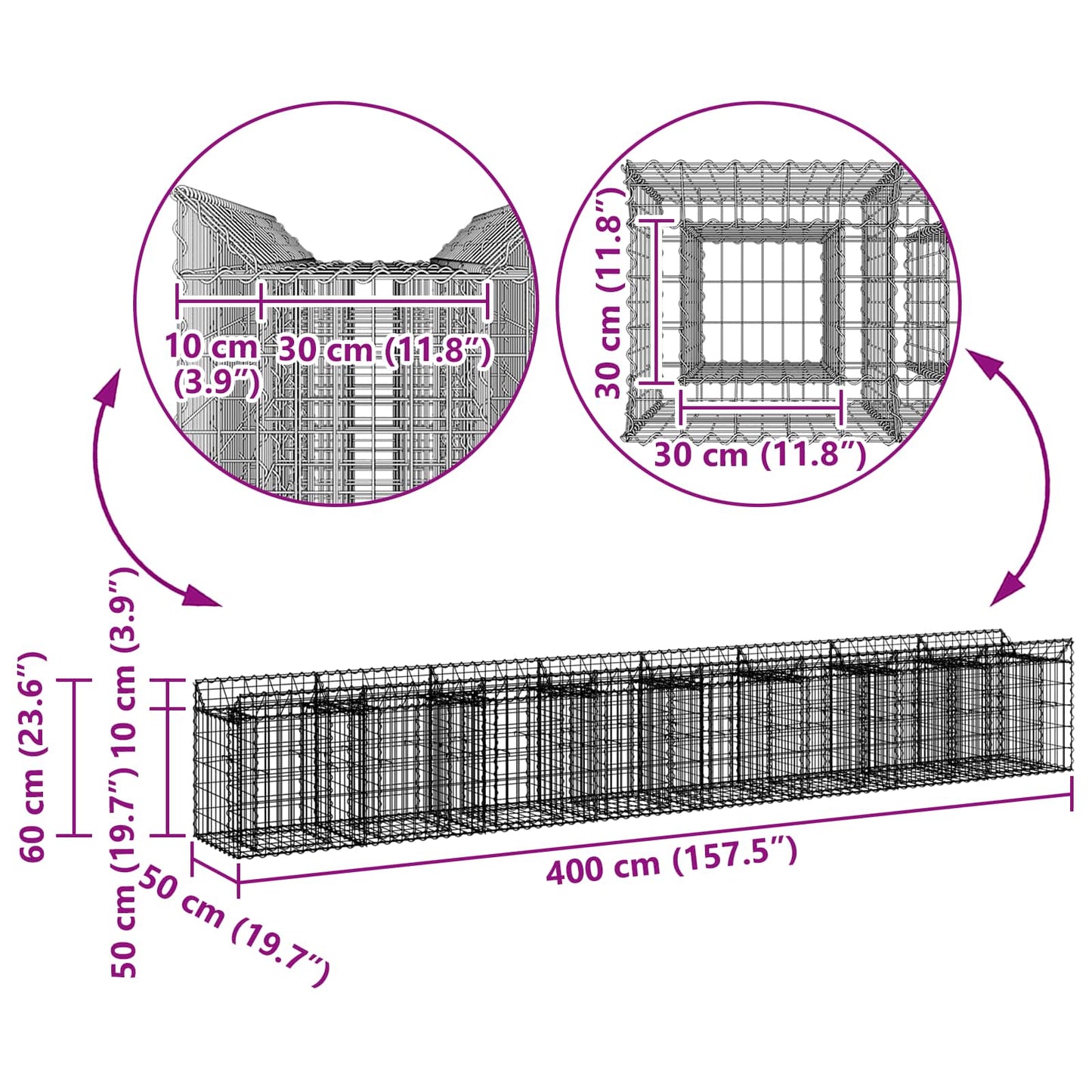 Gabion hevet seng 2 pcs sølv 400 x 50 x 60 cm Galvanisert Stål vidaXL