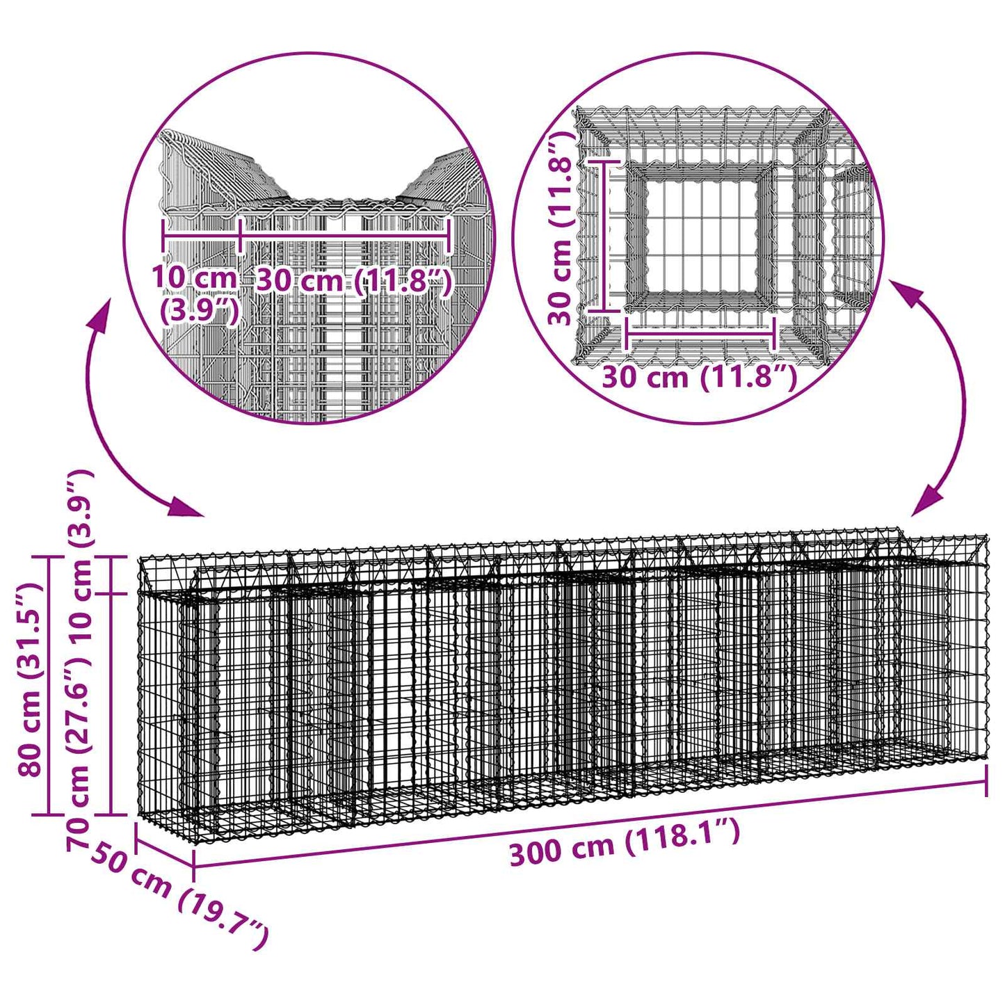 Gabion hevet seng 2 pcs sølv 300 x 50 x 80 cm Galvanisert Stål vidaXL