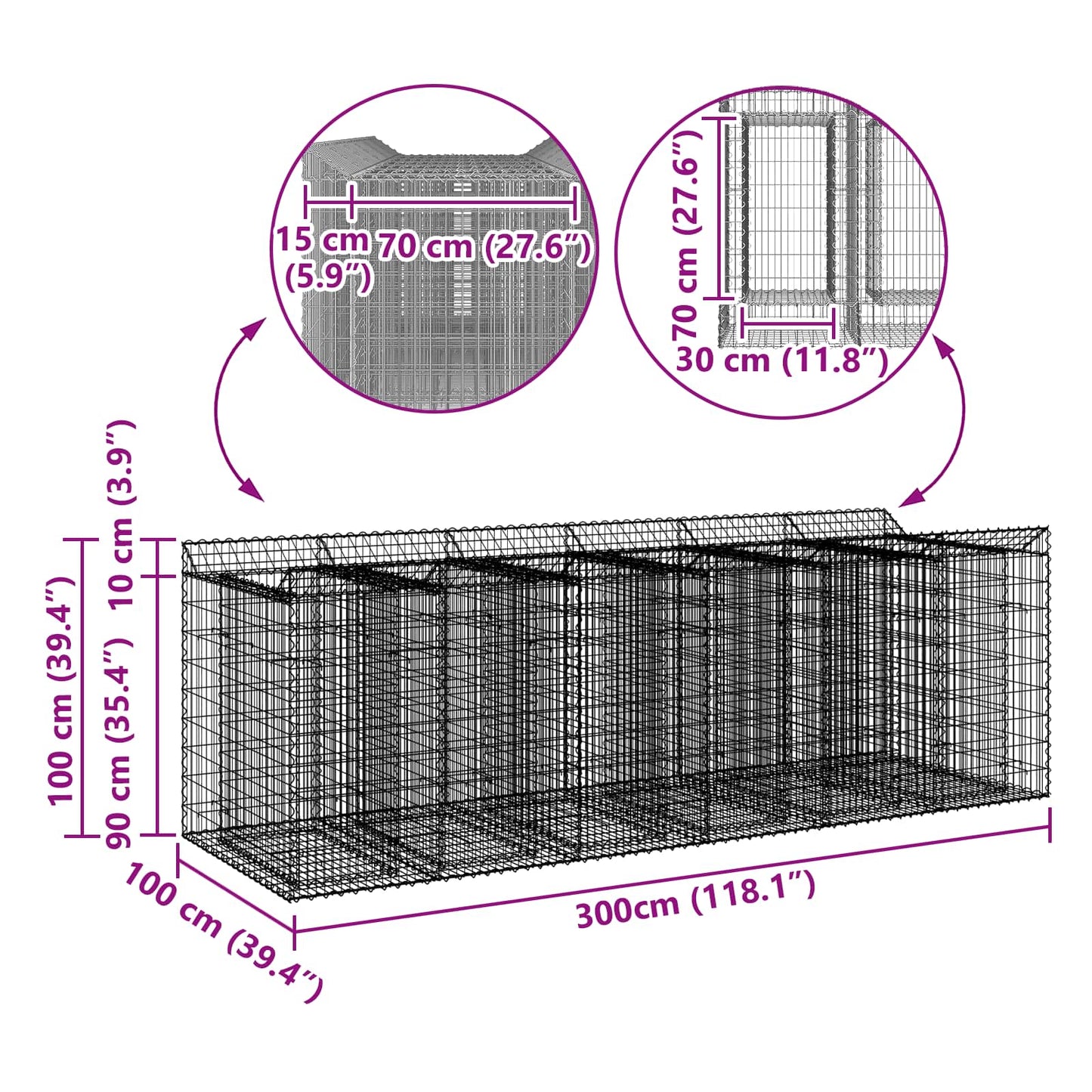 Gabion hevet seng 3 pcs Sølv