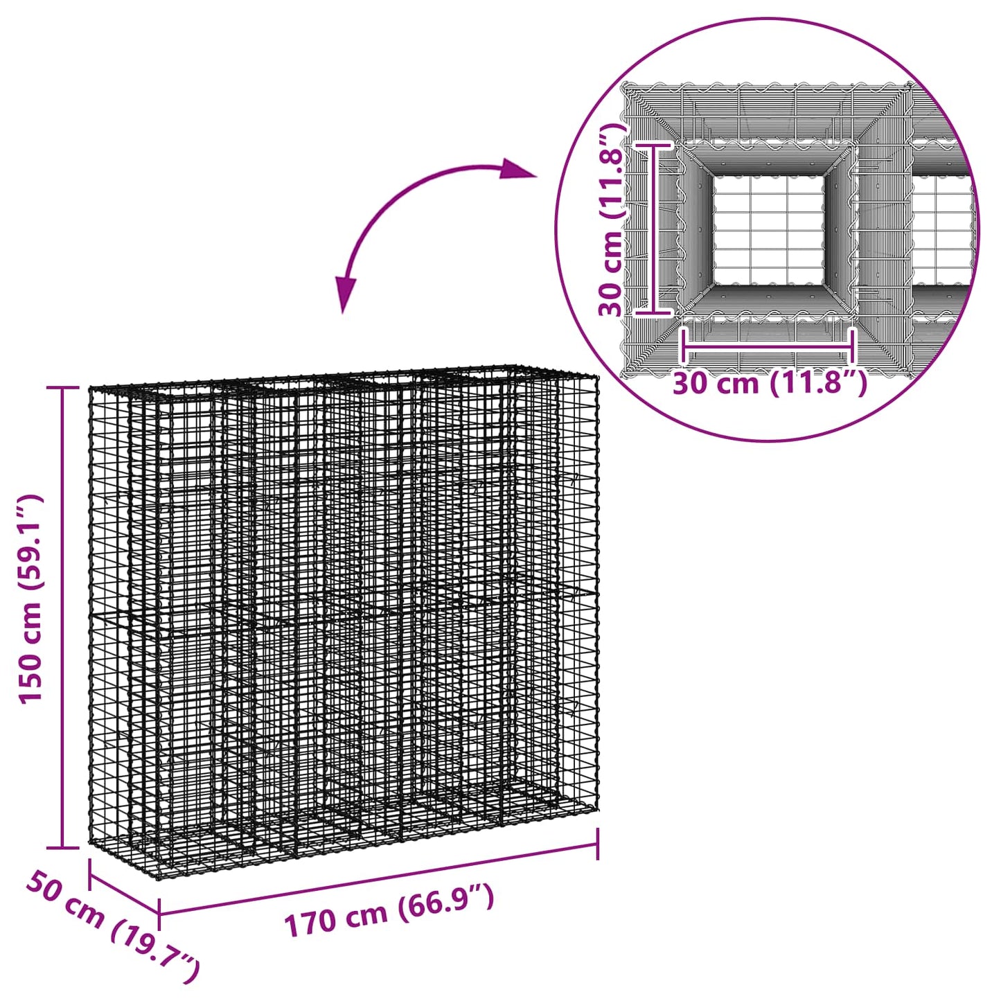 Gabion hevet seng 2 pcs sølv 170 x 50 x 150 cm Galvanisert Stål vidaXL
