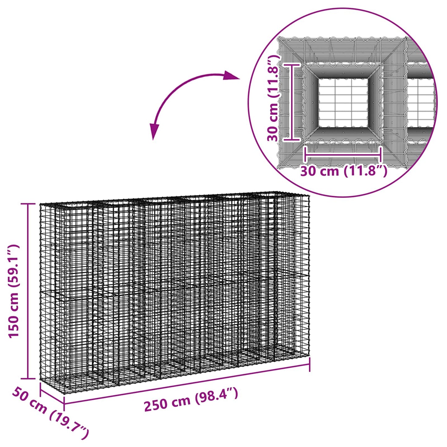 Gabion hevet seng 3 pcs sølv 250 x 50 x 150 cm Galvanisert Stål vidaXL