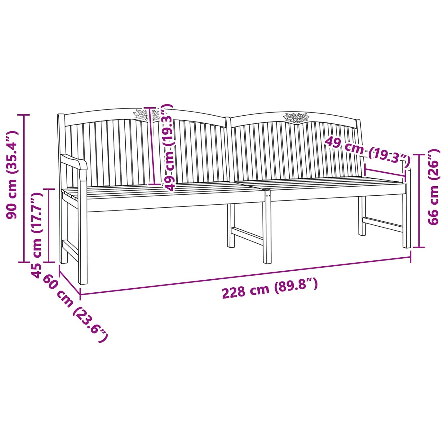 Håndlaget Rosebenk Naturlig 228 x 60 x 90 cm Massivt Teaktre