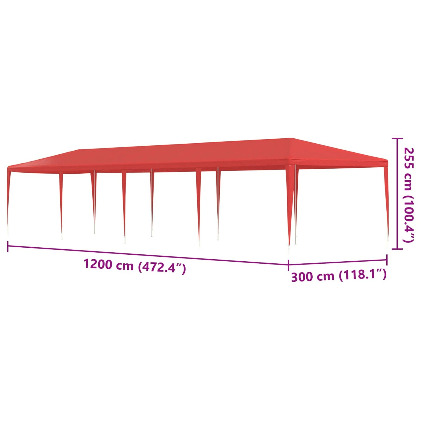 Partytelt Rød 1200 x 300 x 255 cm PE og stål