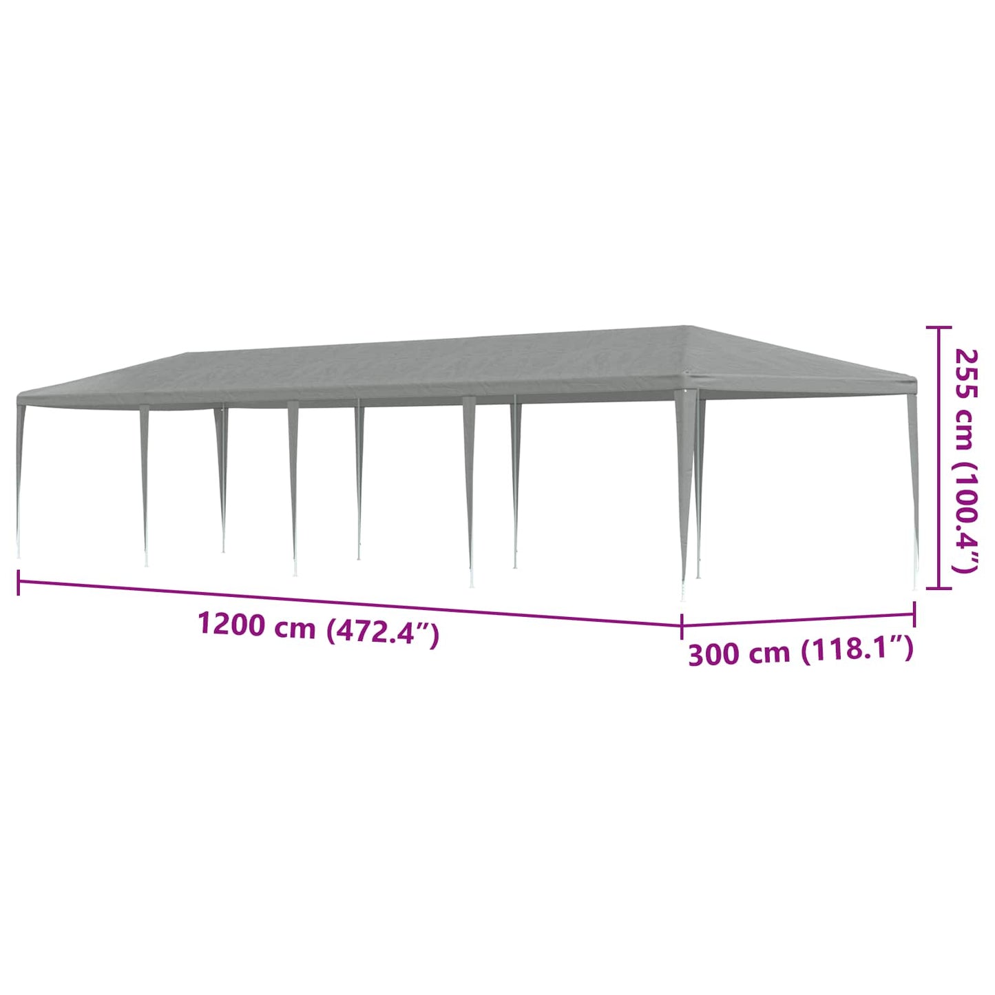 Partytelt Lysegrå 1200 x 300 x 255 cm PE og stål